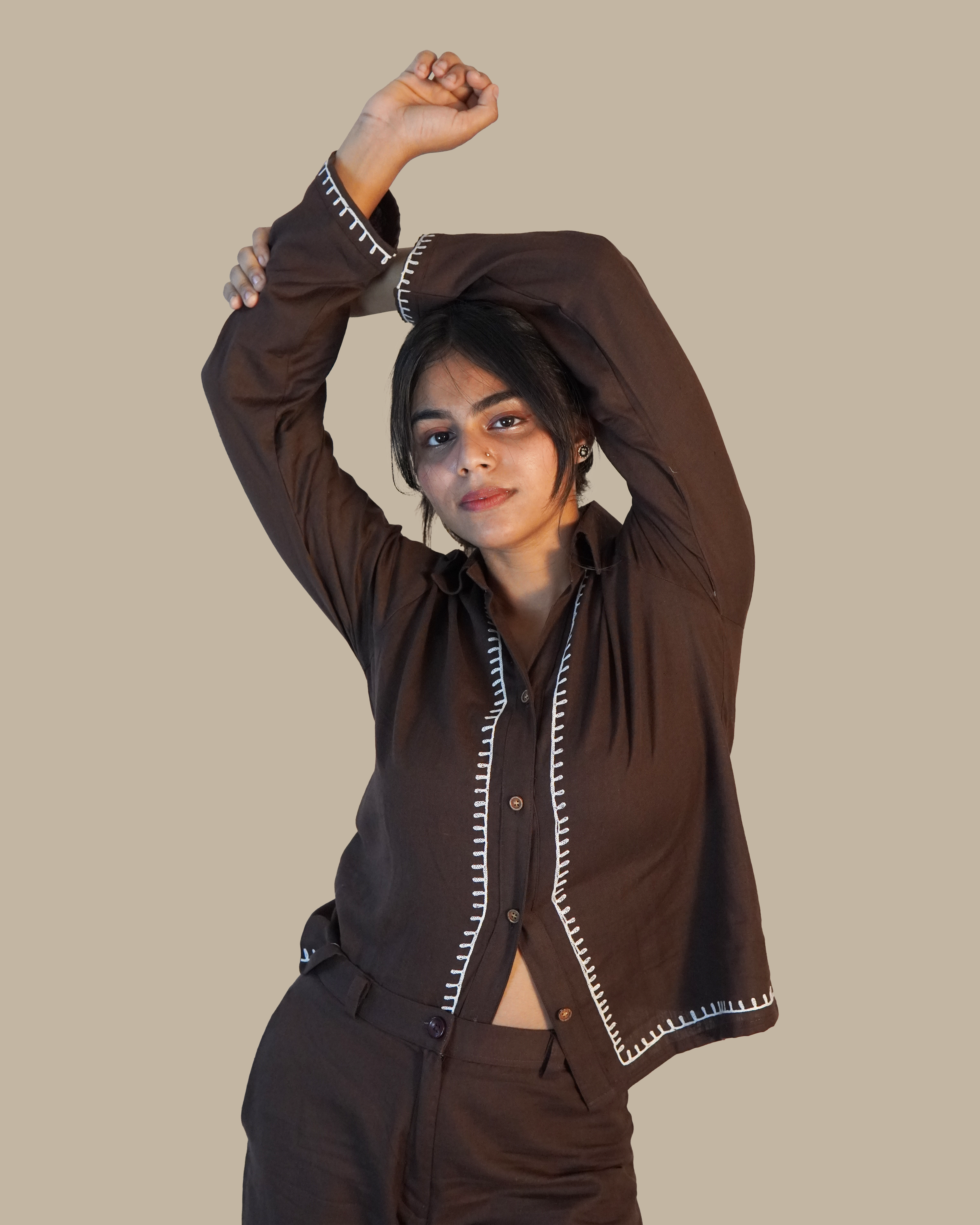 Blanket-stitched Cotton Co-Ord Set [Chocolate]