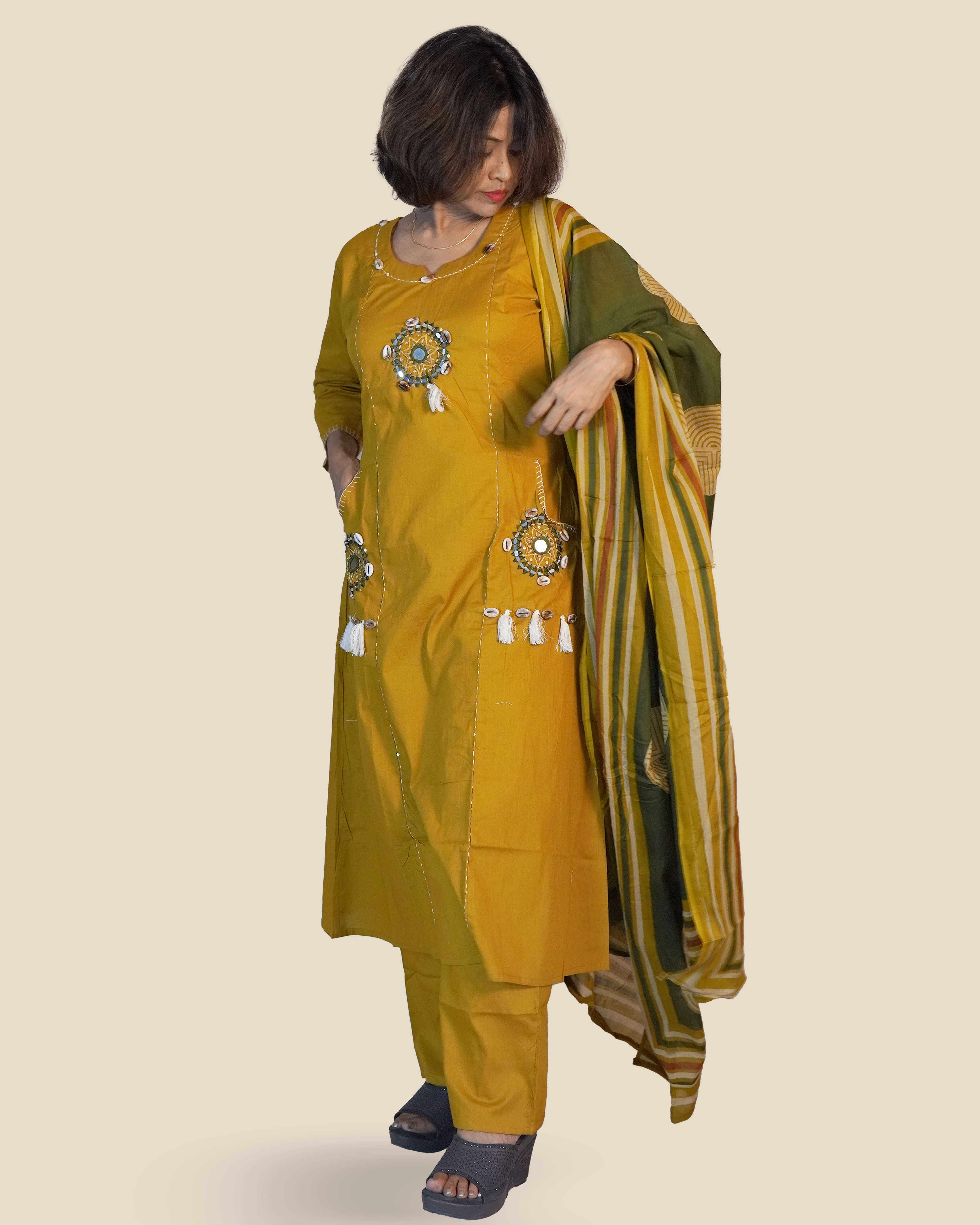Pure cotton Embroidered Kurti Set [Mustard]