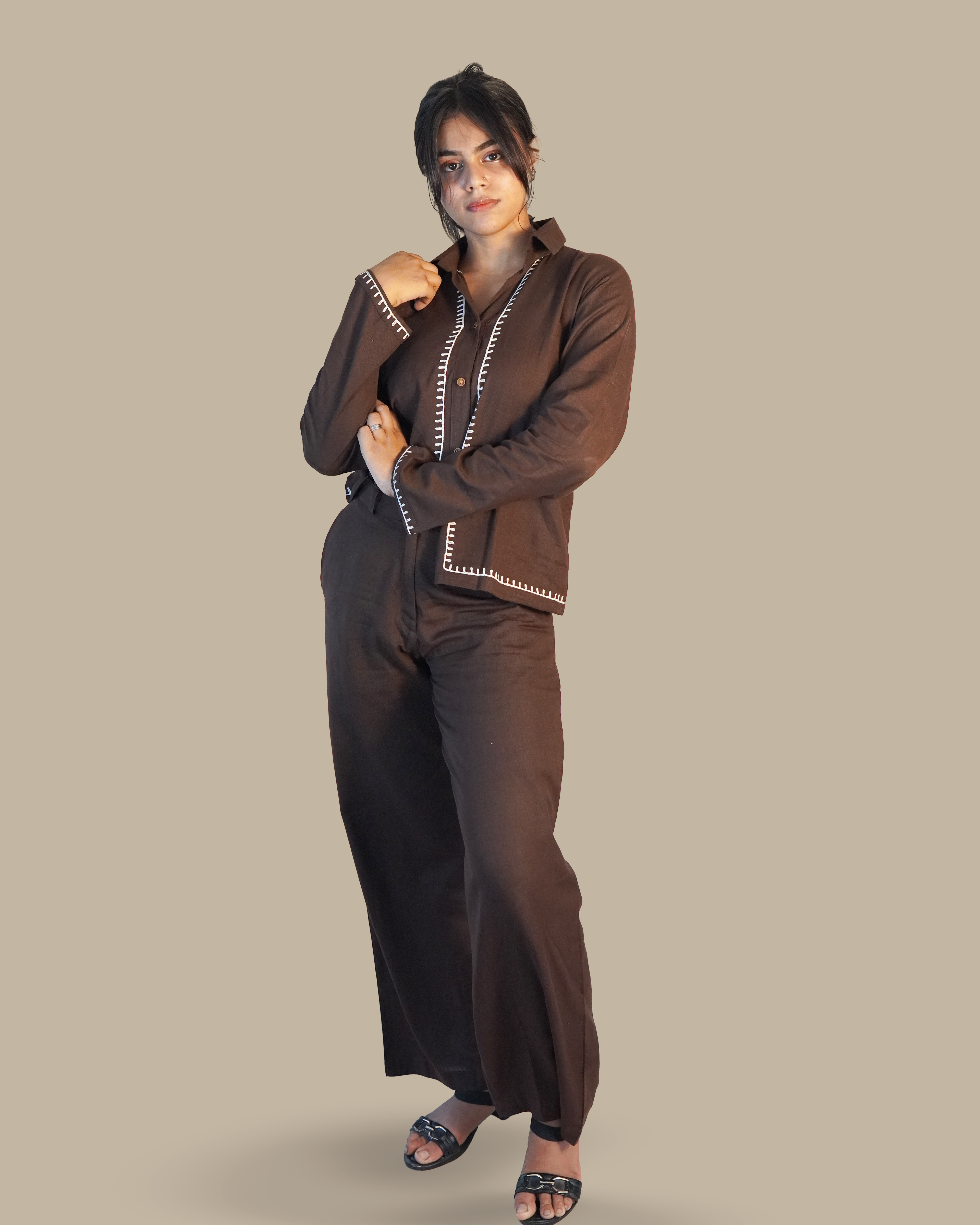 Blanket-stitched Cotton Co-Ord Set [Chocolate]