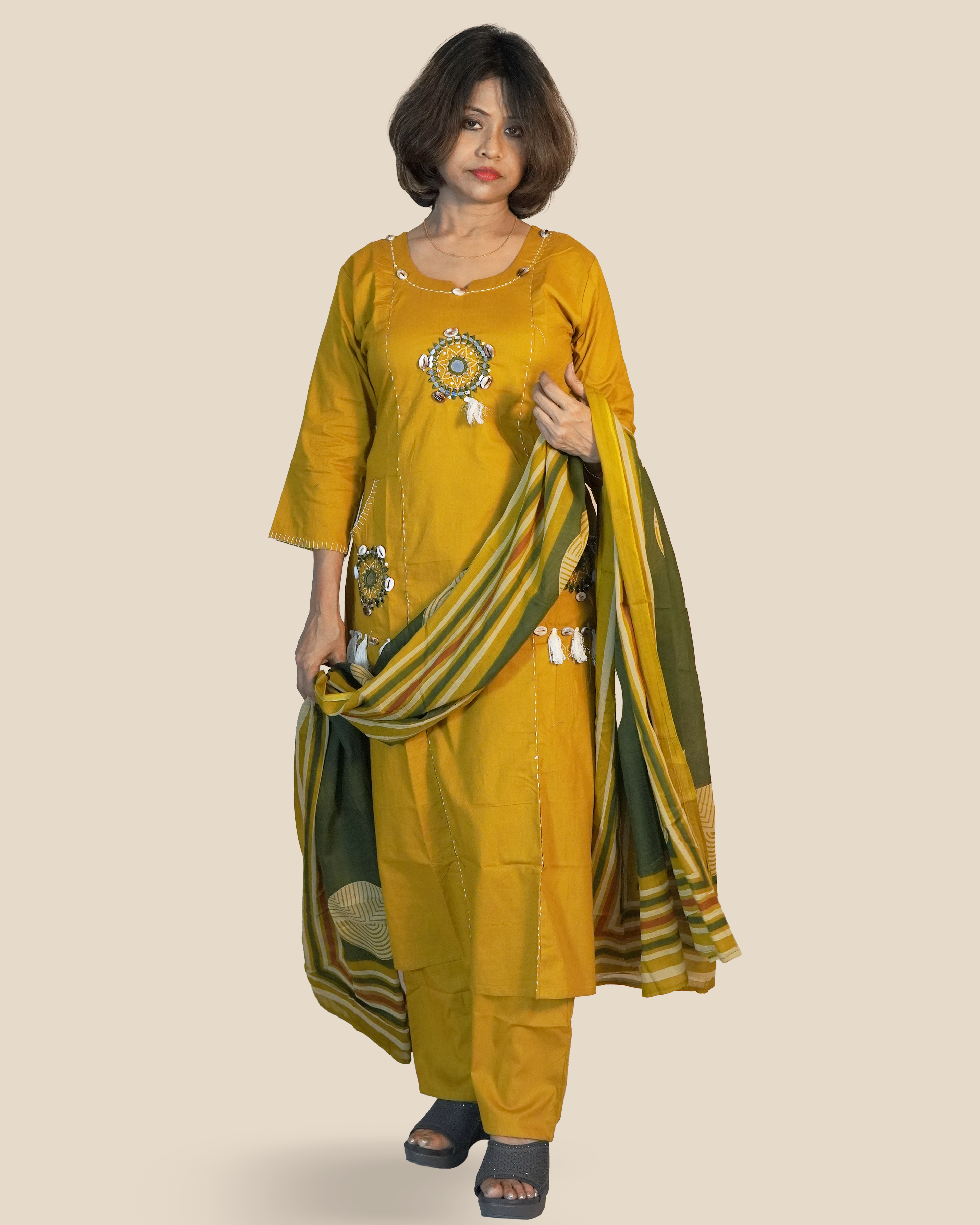 Pure cotton Embroidered Kurti Set [Mustard]