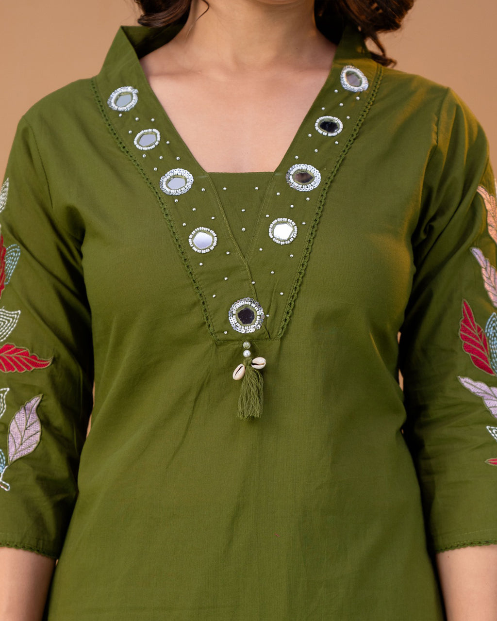 Pure cotton Embroidered Kurti Set [Green]