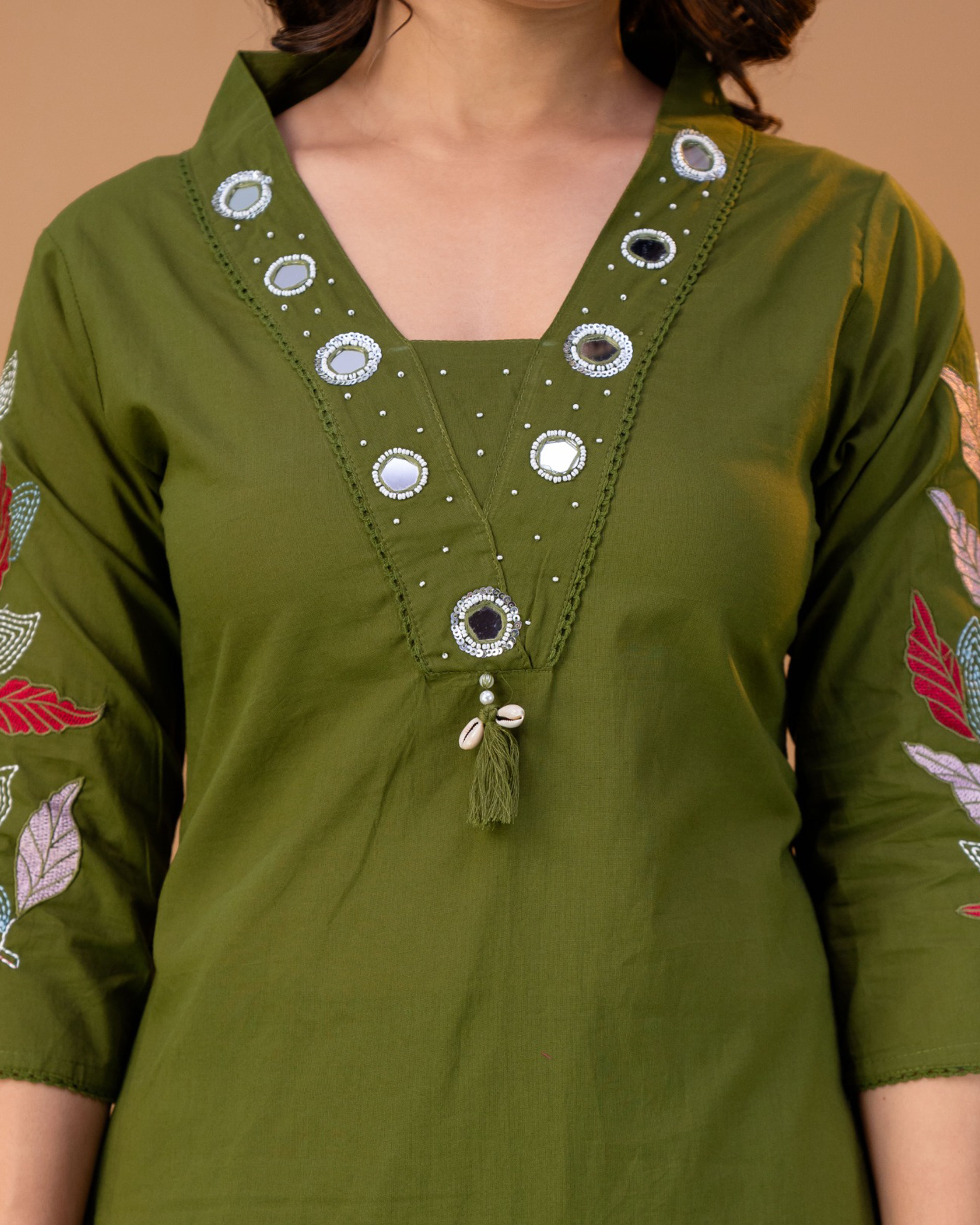 Pure cotton Embroidered Kurti Set [Green]