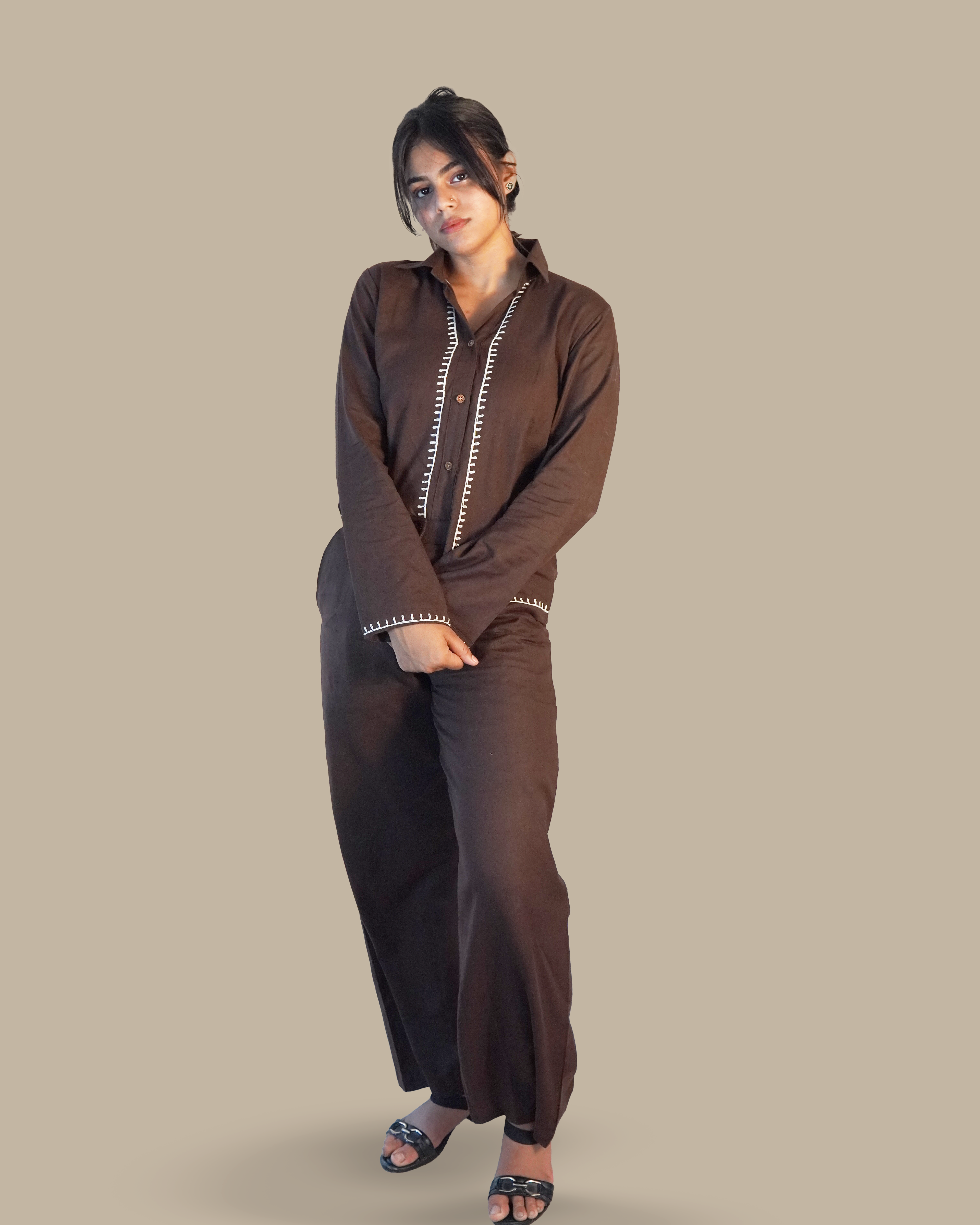 Blanket-stitched Cotton Co-Ord Set [Chocolate]