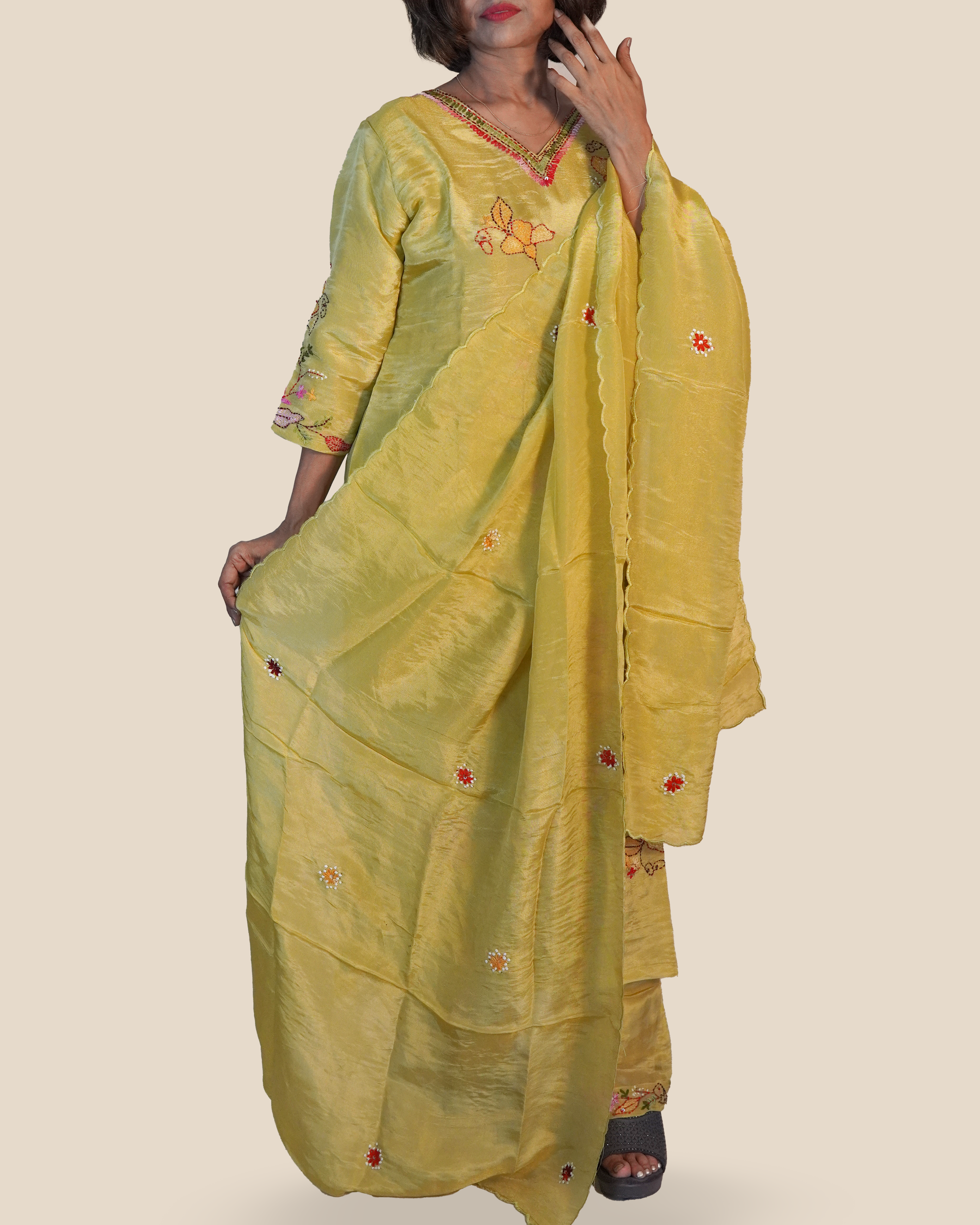 Shimmer Silk Hand Embroidered Kurti Set [Parrot]