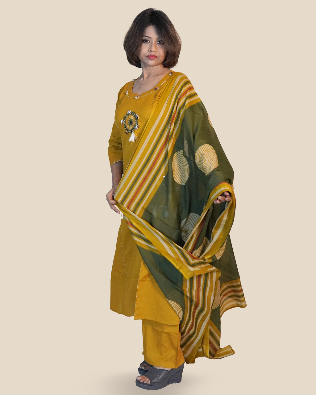 Pure cotton Embroidered Kurti Set [Mustard]