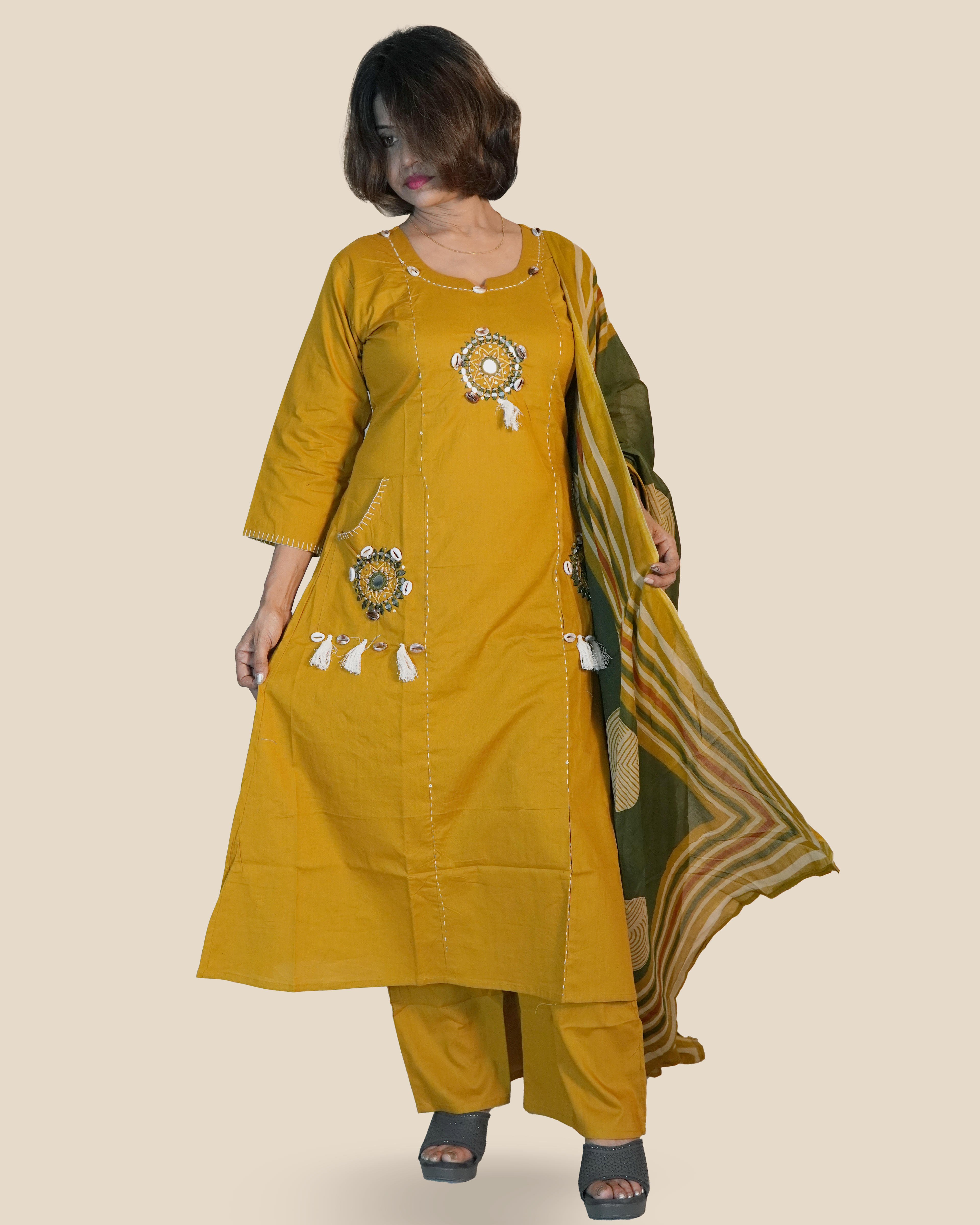 Pure cotton Embroidered Kurti Set [Mustard]