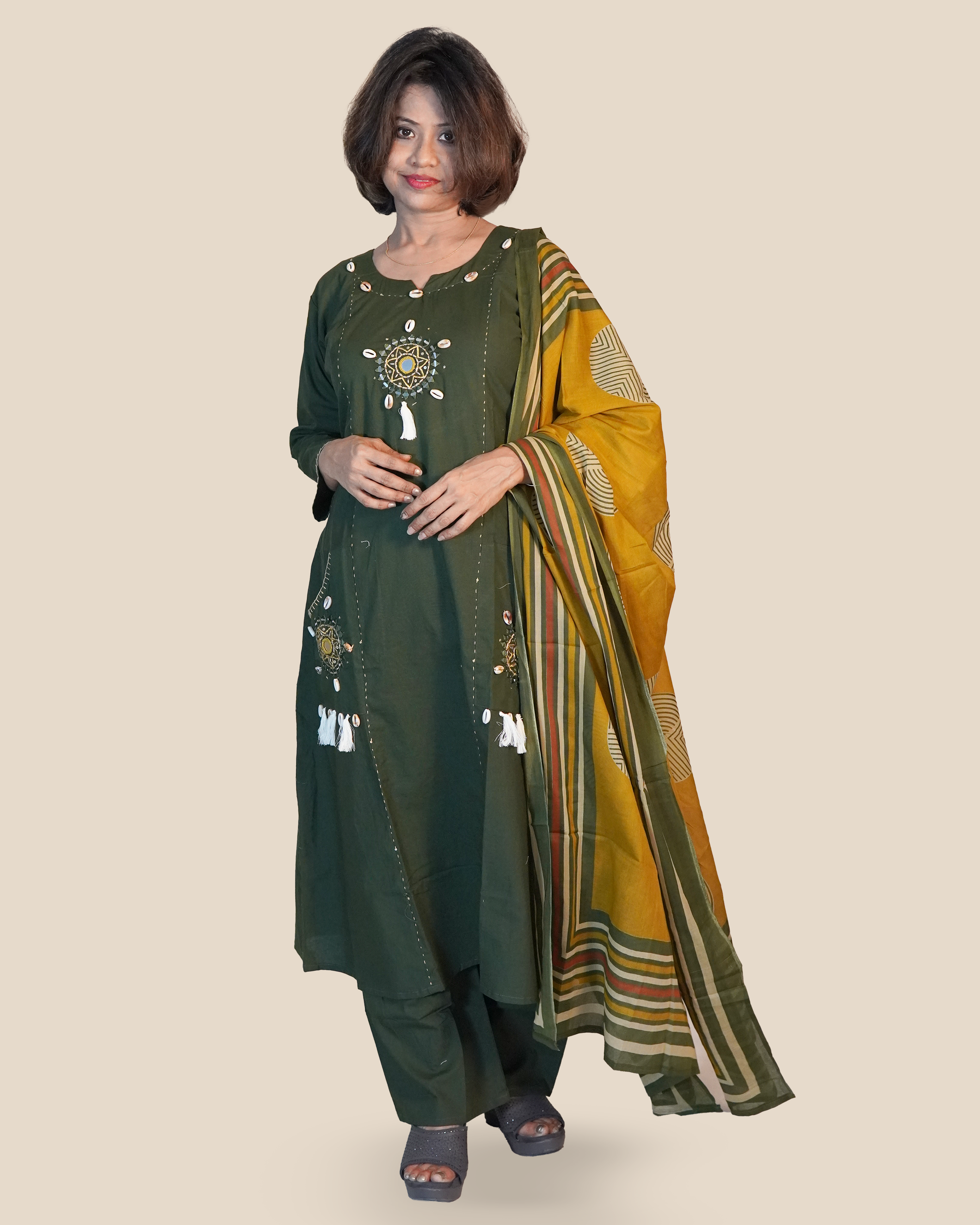 Pure cotton Embroidered Kurti Set [Bottle Green]