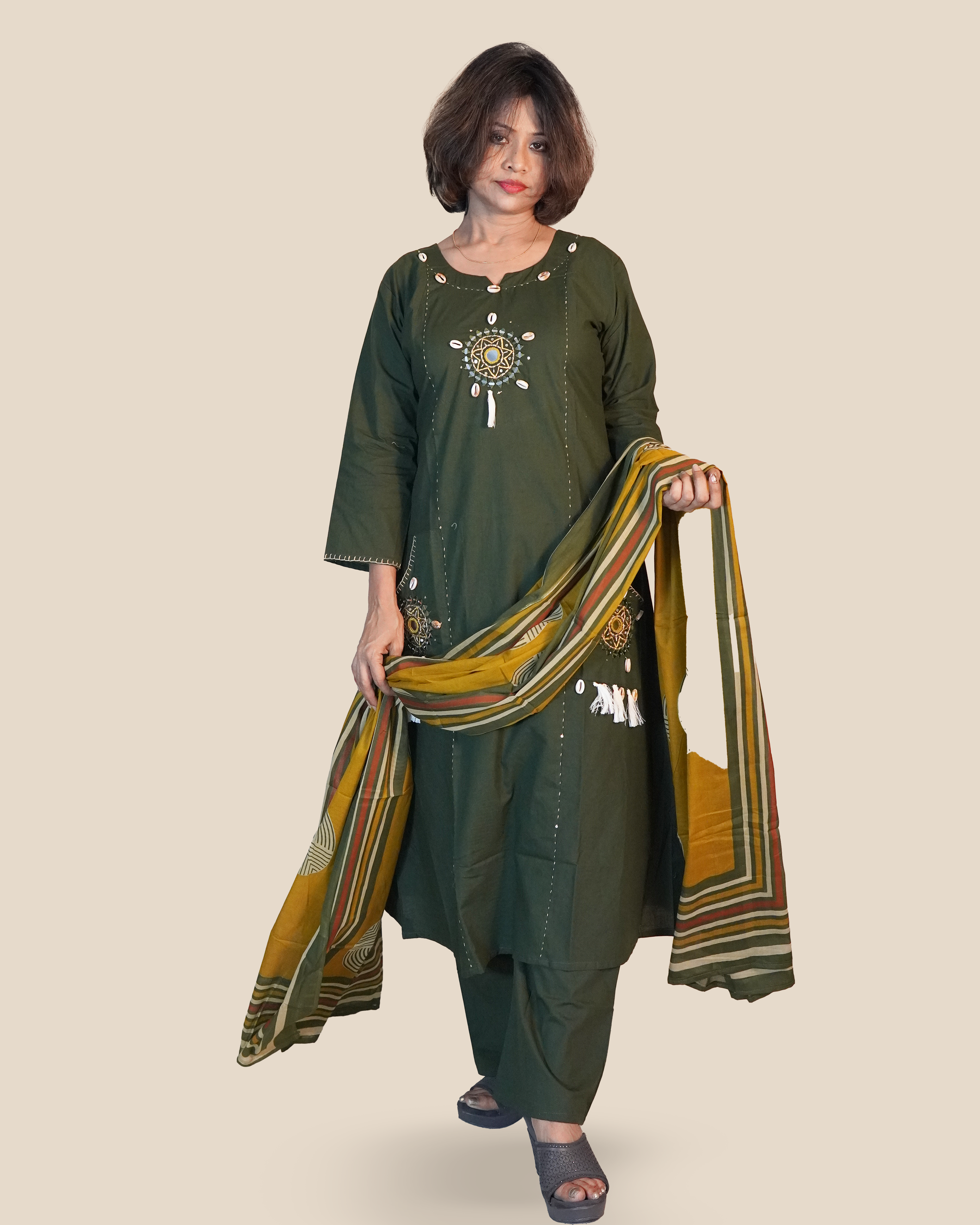 Pure cotton Embroidered Kurti Set [Bottle Green]