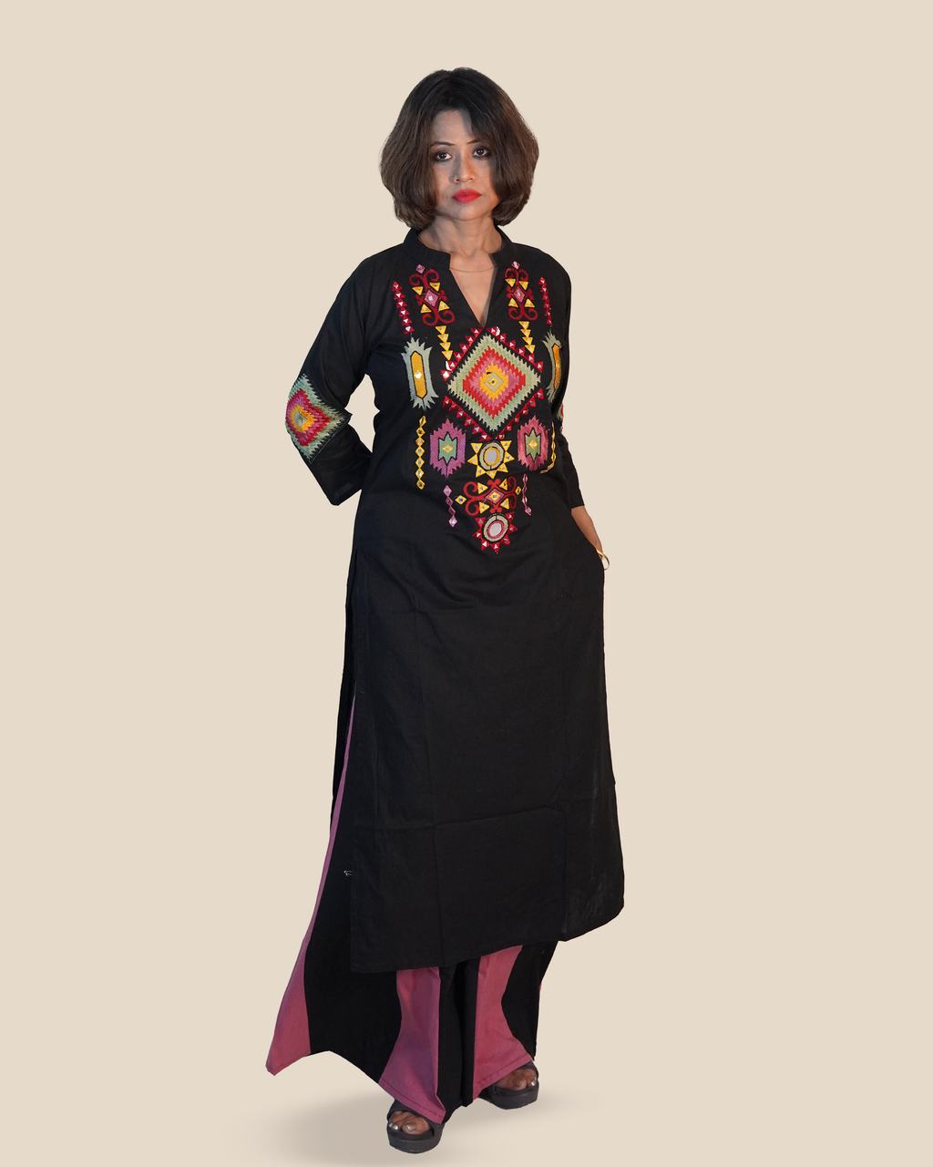 Pure cotton Embroidered 2 Piece Kurti Set [Black]