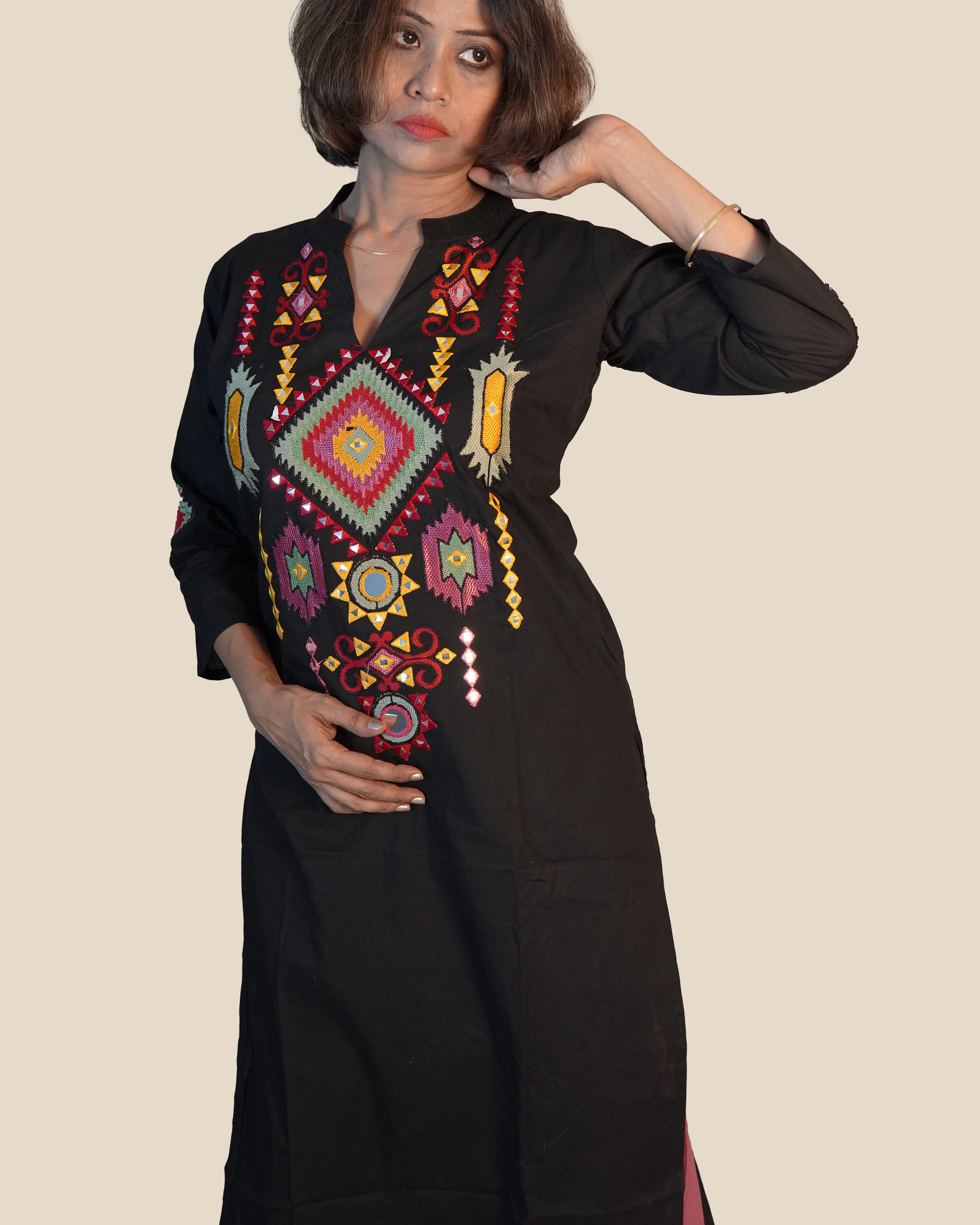 Pure cotton Embroidered 2 Piece Kurti Set [Black]