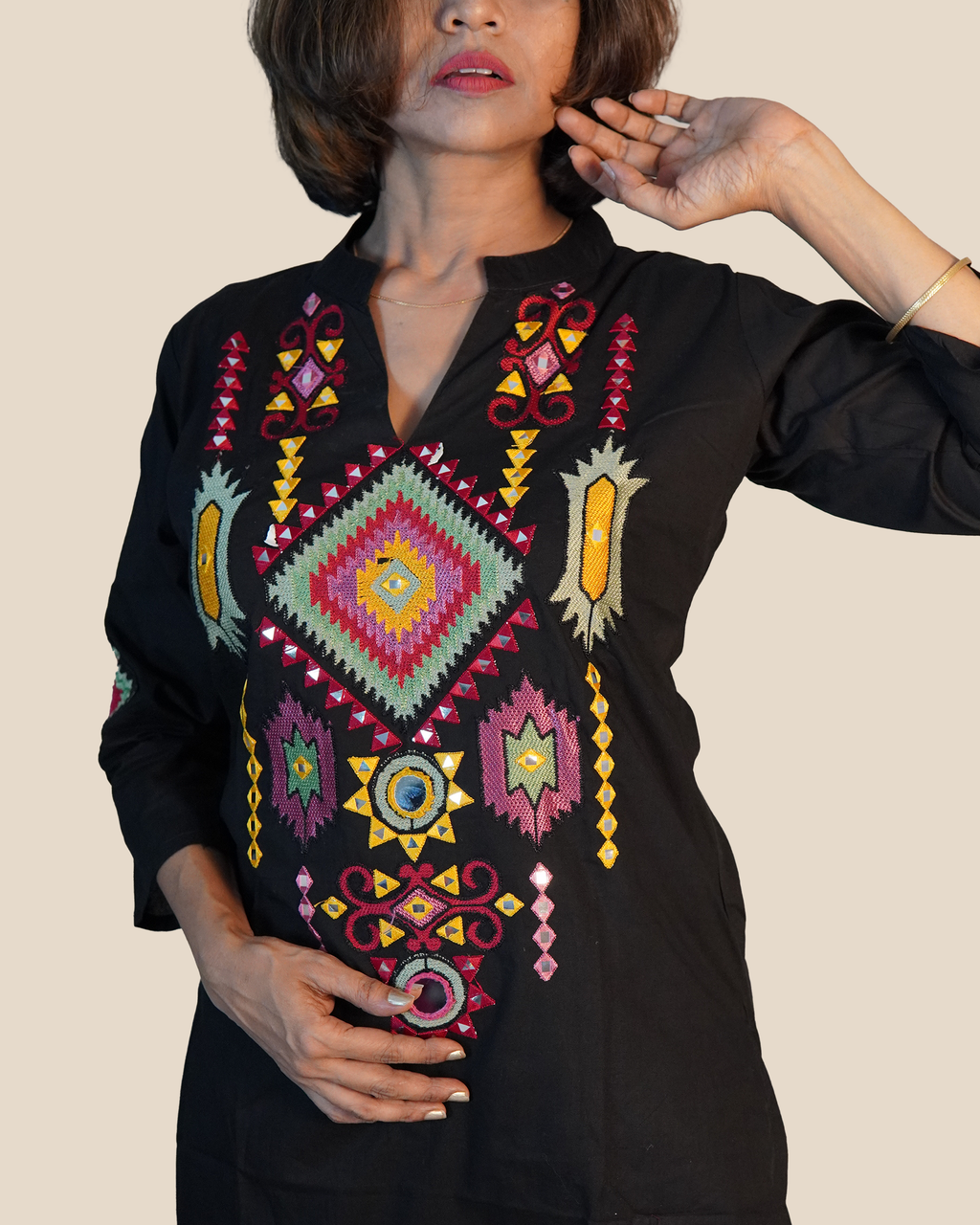 Pure cotton Embroidered 2 Piece Kurti Set [Black]