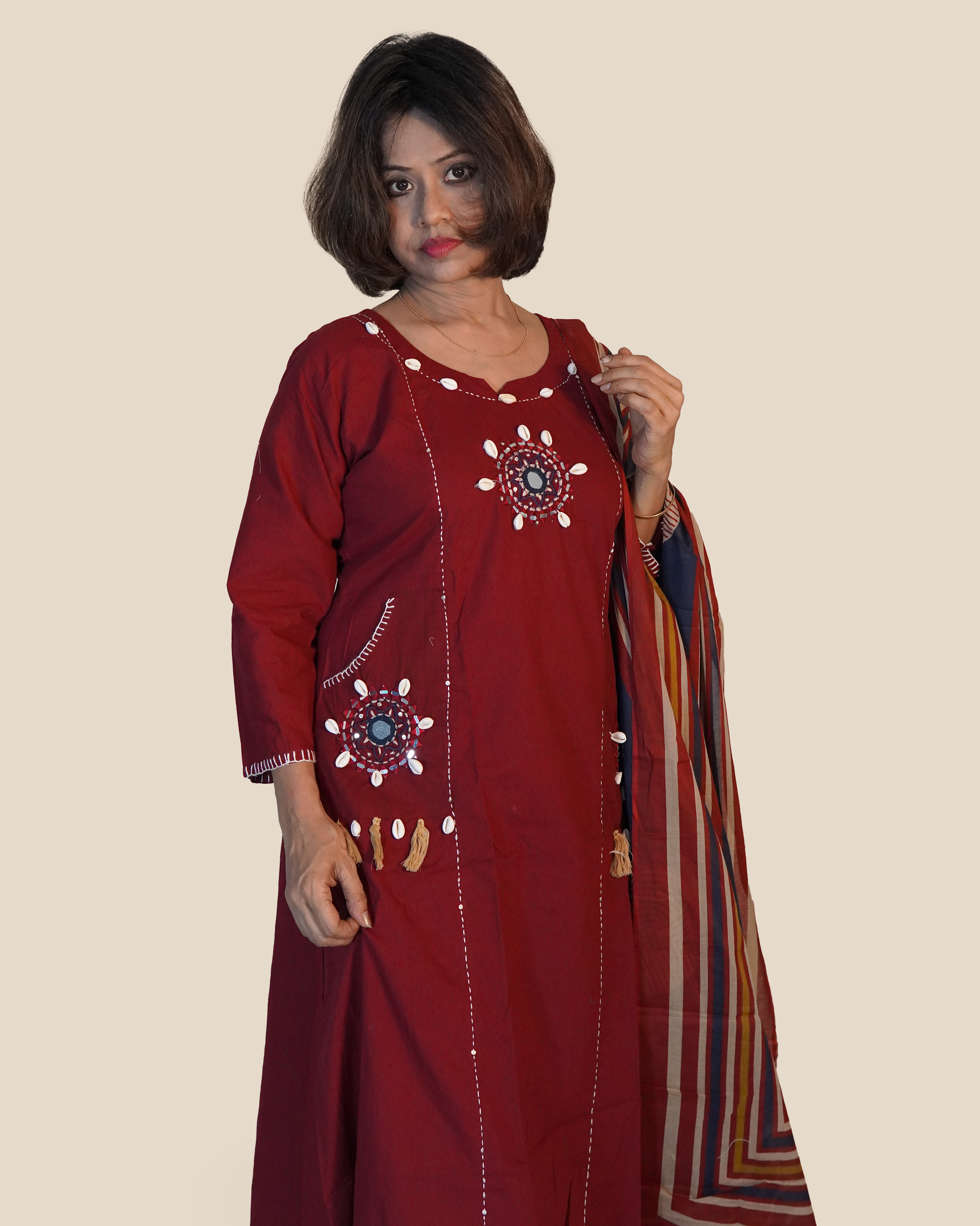 Pure cotton Embroidered Kurti Set [Maroon]