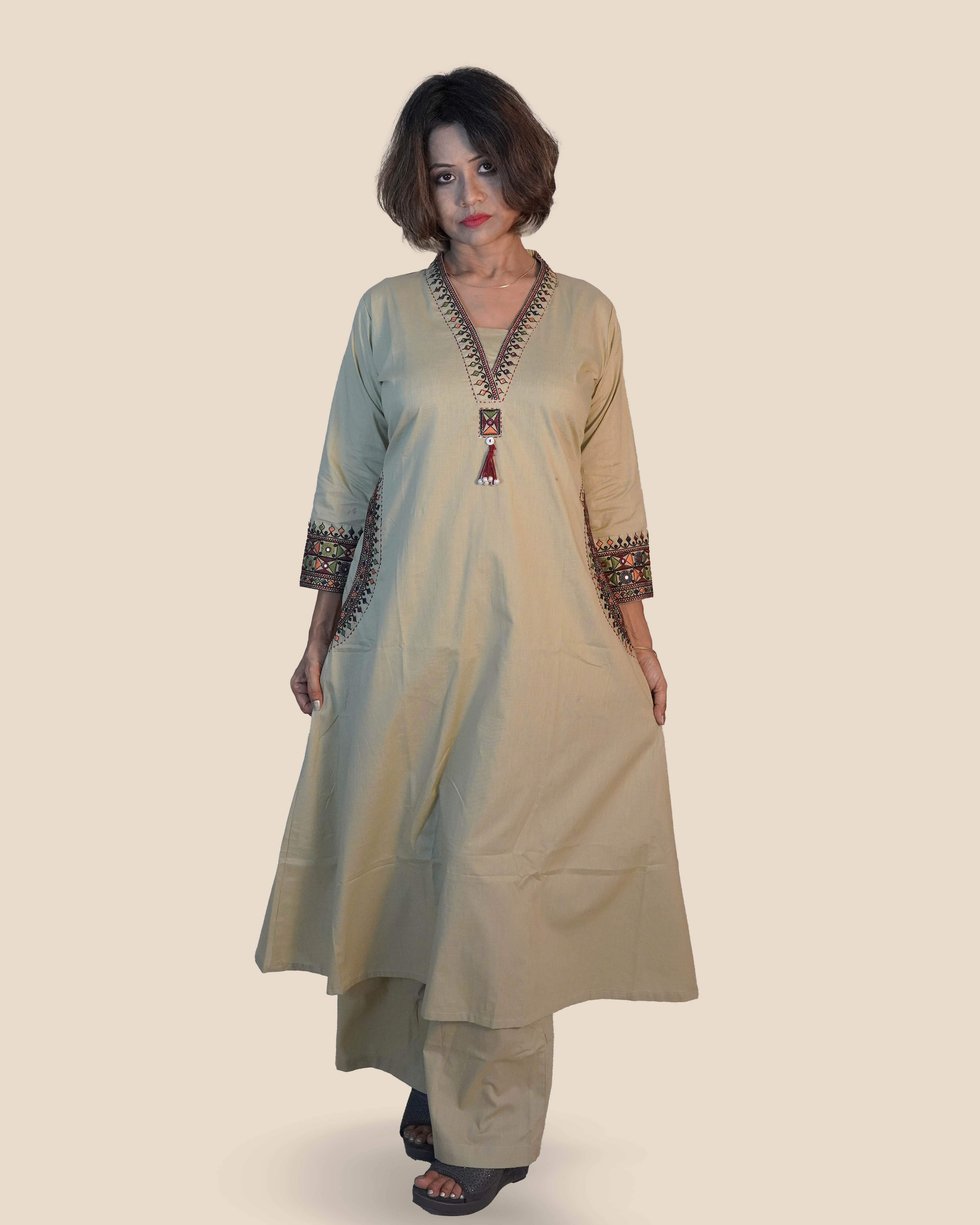 Pure cotton Embroidered 2 Piece Kurti Set [Beige]