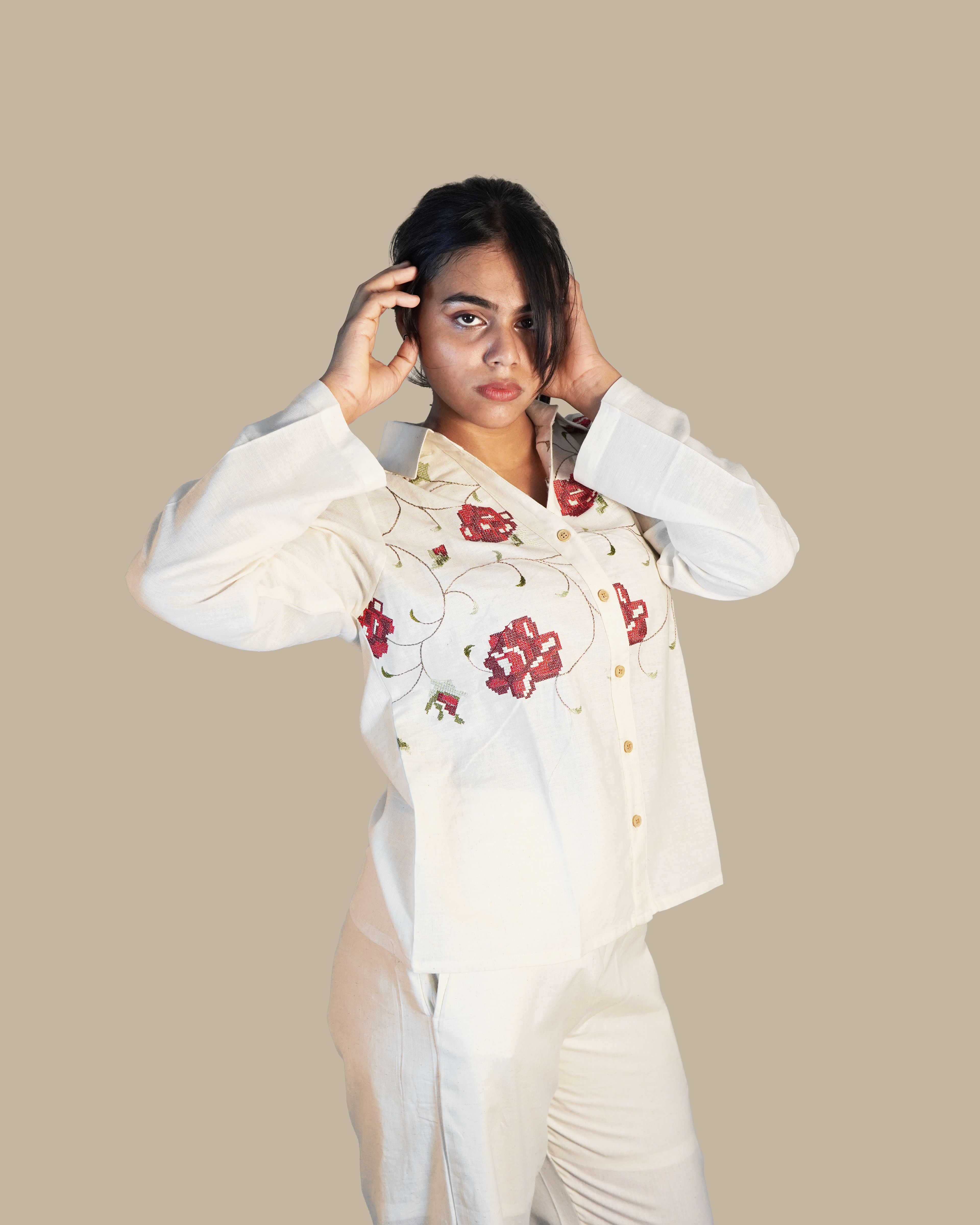 Cross-stitched Cotton Co-Ord Set [Red]