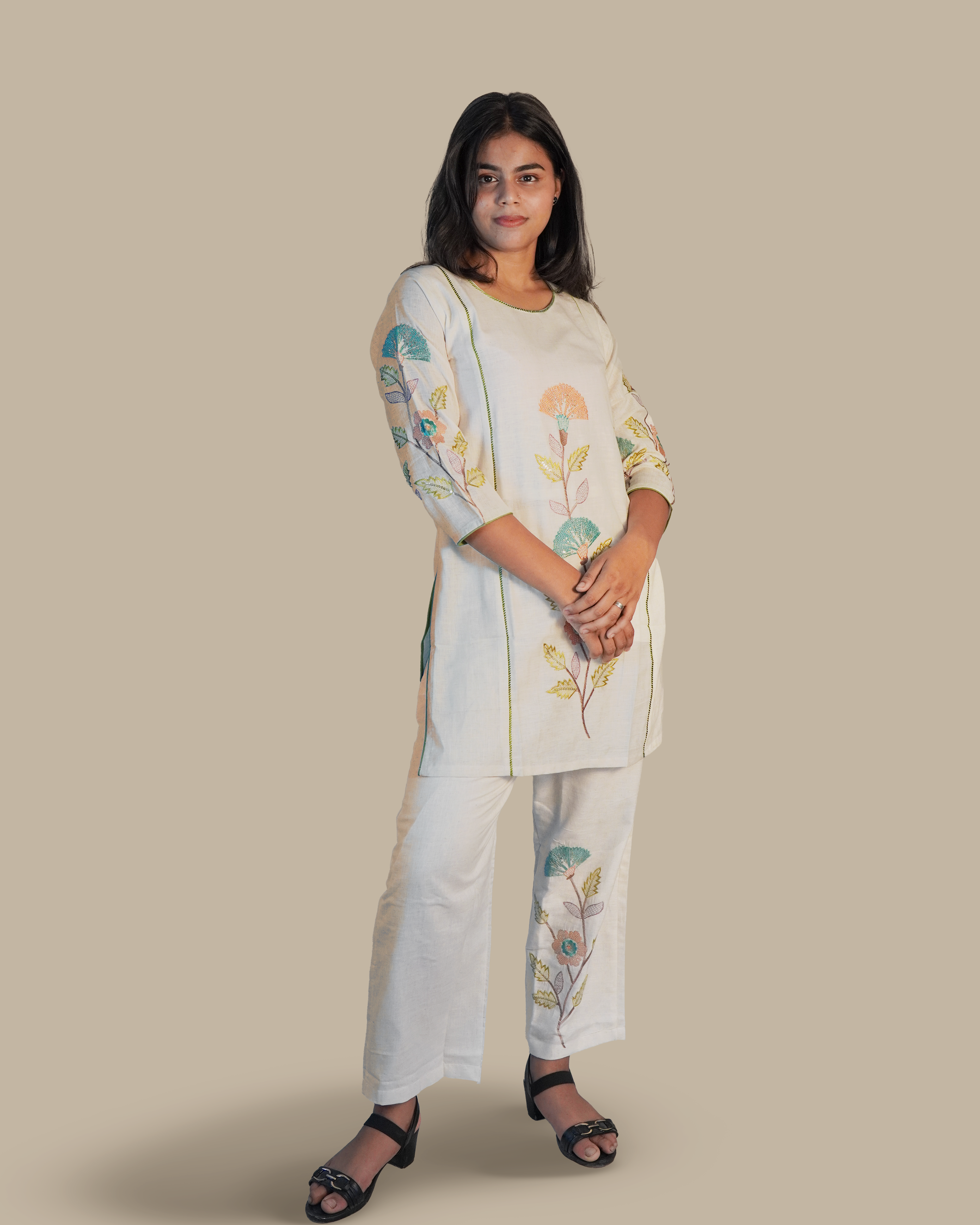 Embroidered Cotton Co-Ord set [White]