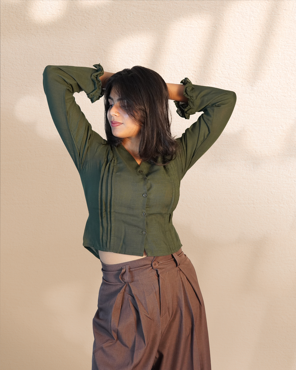 Pure Linen Crop Shirt [Green]