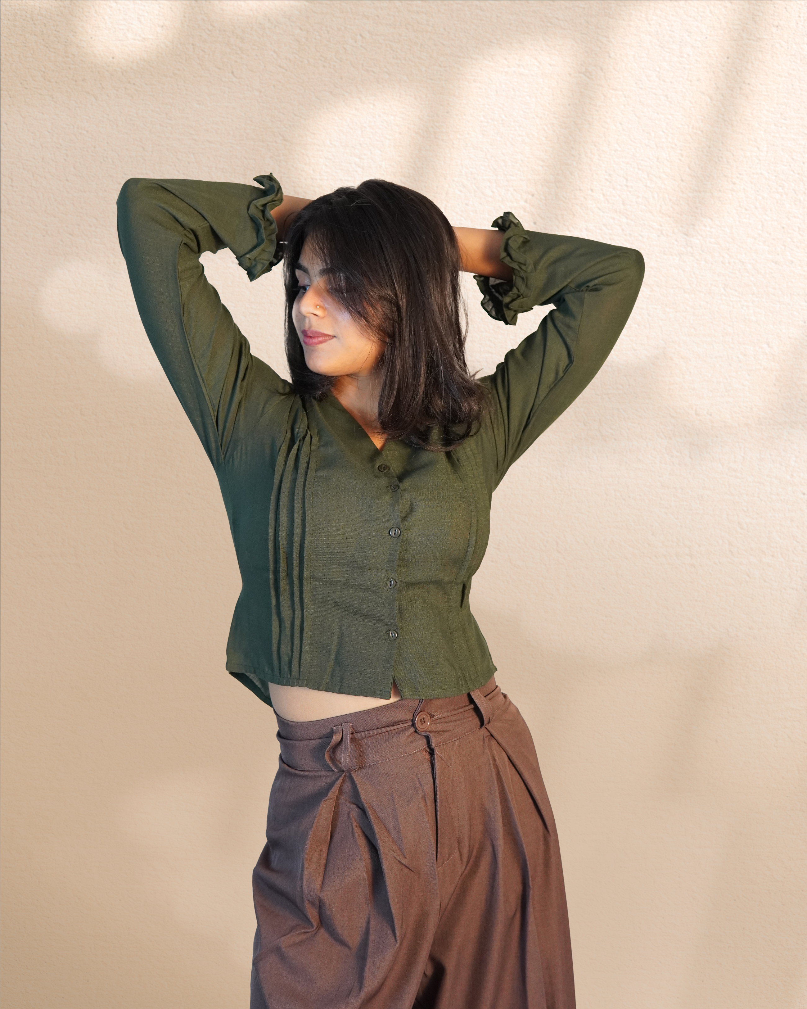 Pure Linen Crop Shirt [Green]