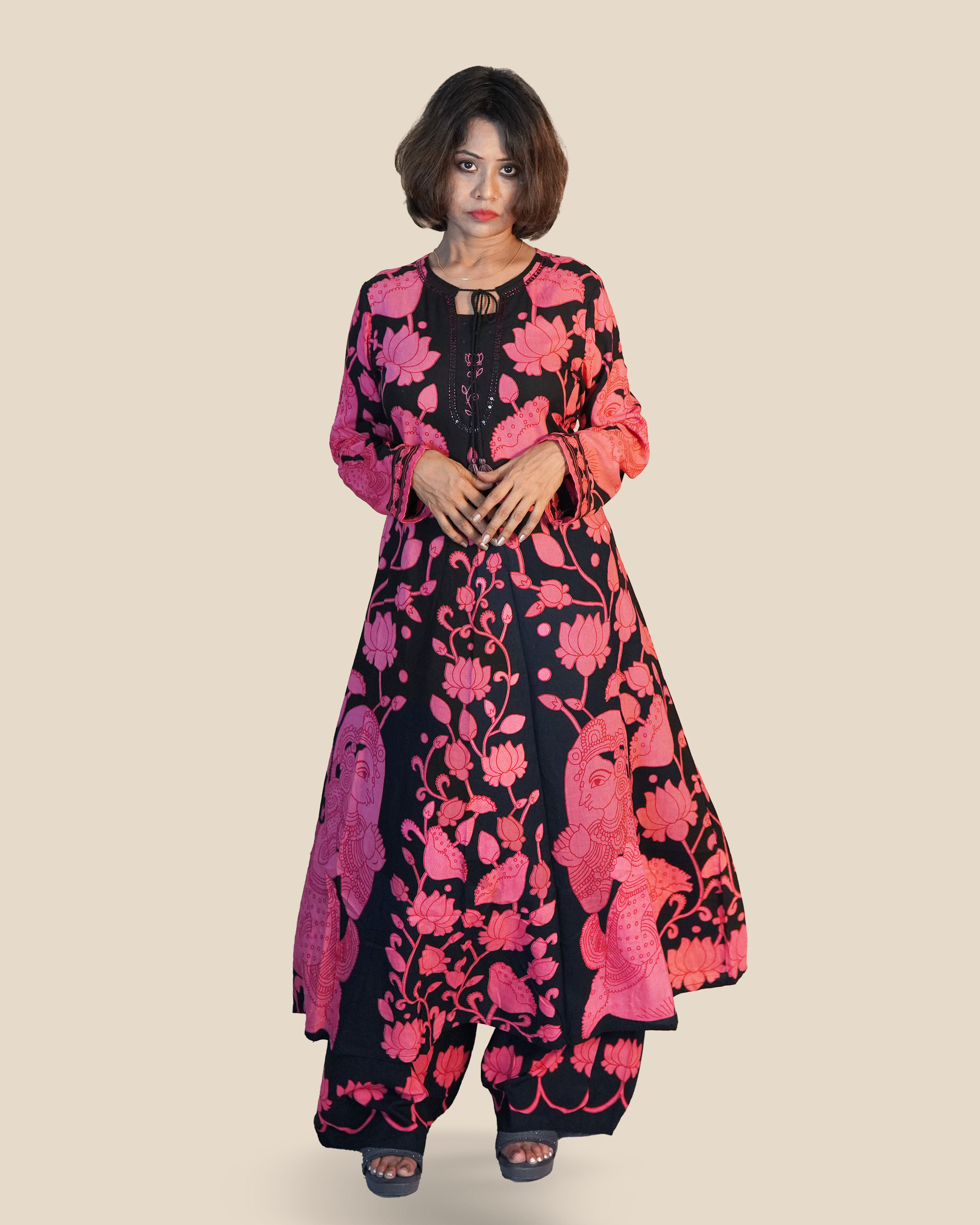 Pure cotton 2 Piece Kurti Set [Black-Pink]