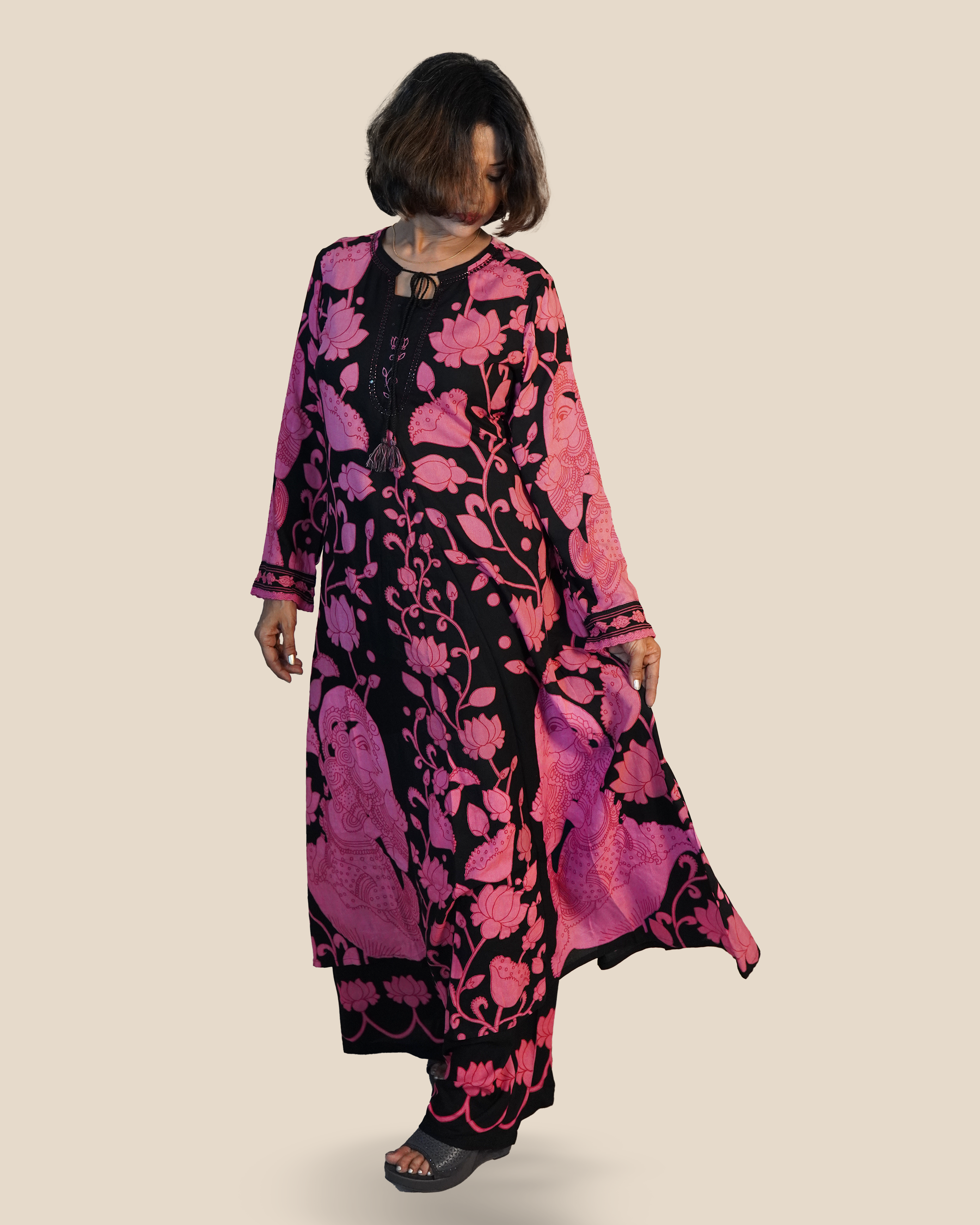 Pure cotton 2 Piece Kurti Set [Black-Pink]