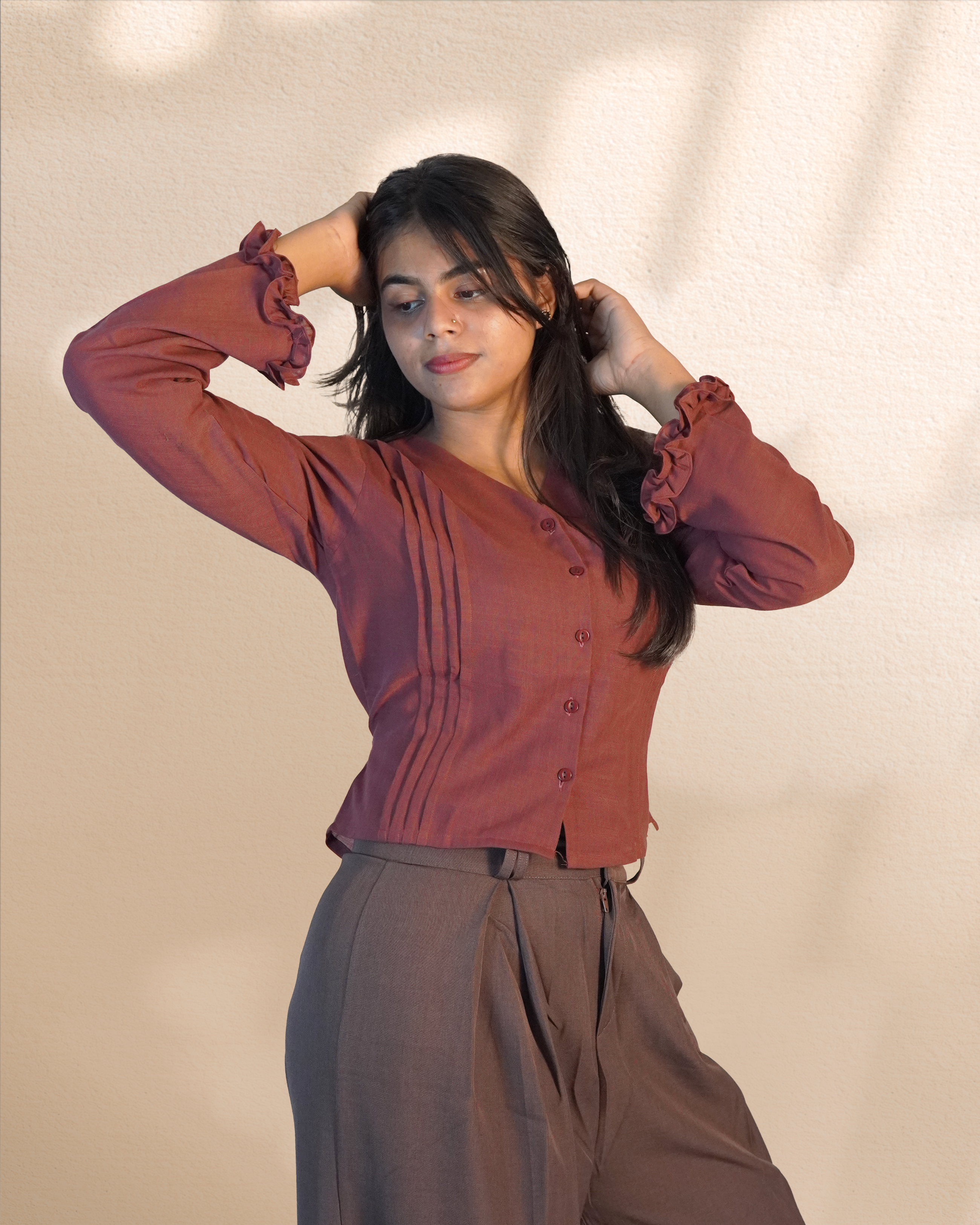 Pure Linen Crop Shirt [Madder Red]