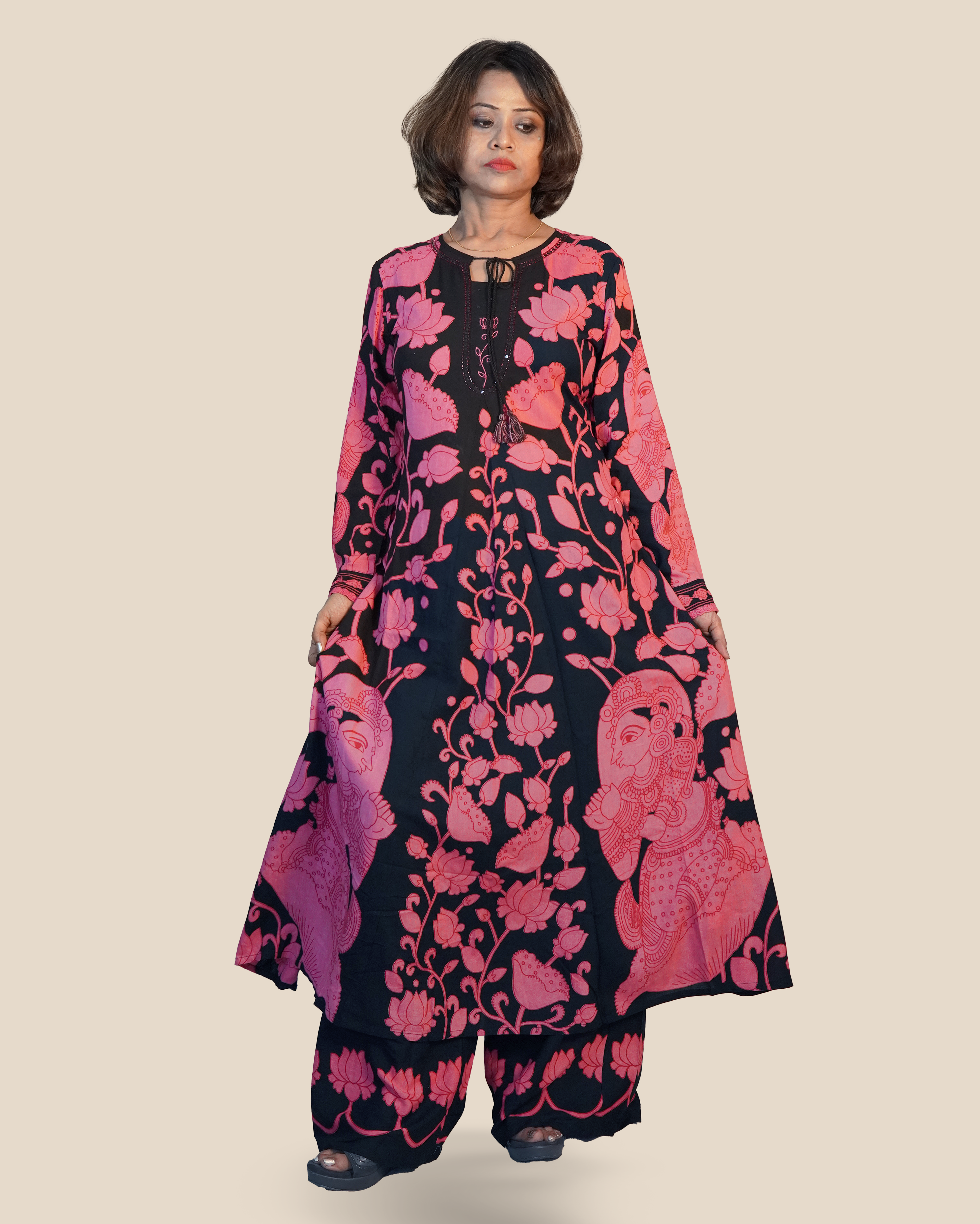 Pure cotton 2 Piece Kurti Set [Black-Pink]