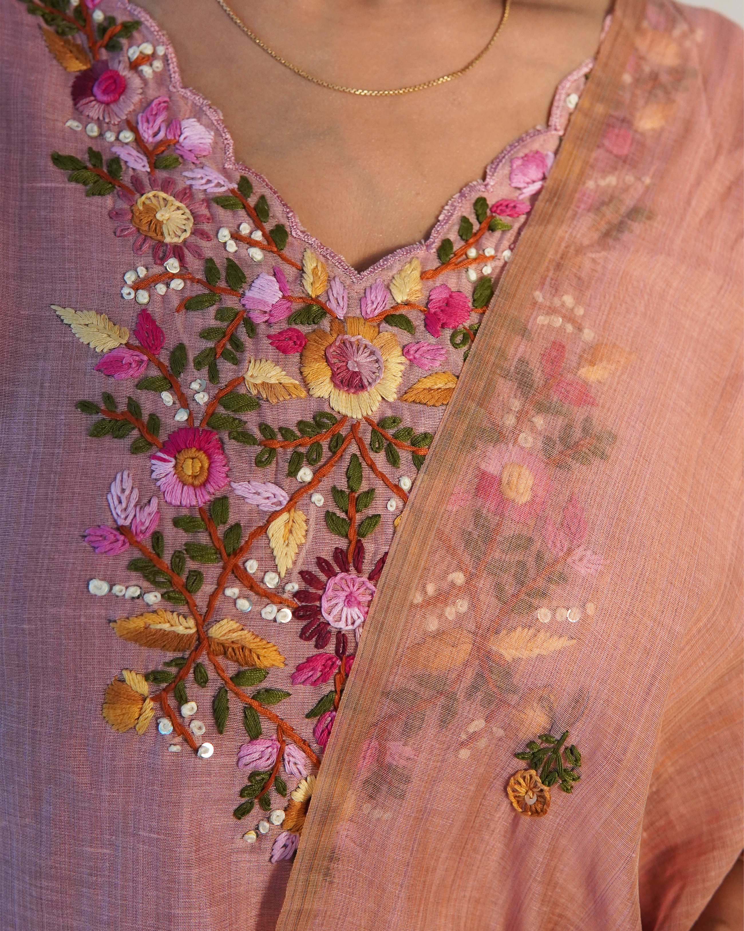 Raw Silk Hand Embroidered Kurti Set [Peach Blush]