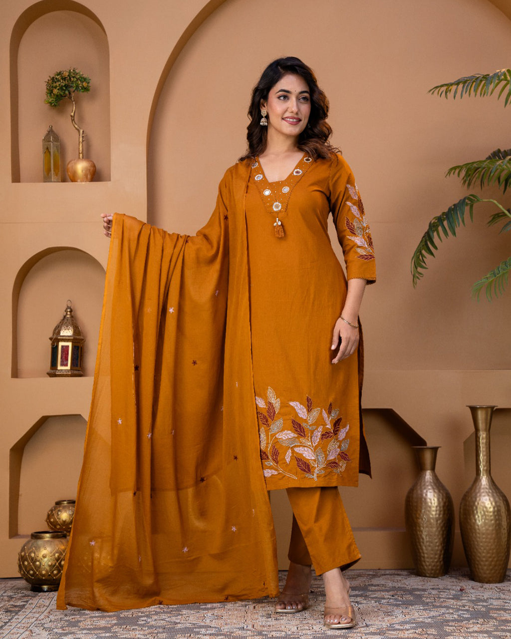 Pure cotton Embroidered Kurti Set [Orange]