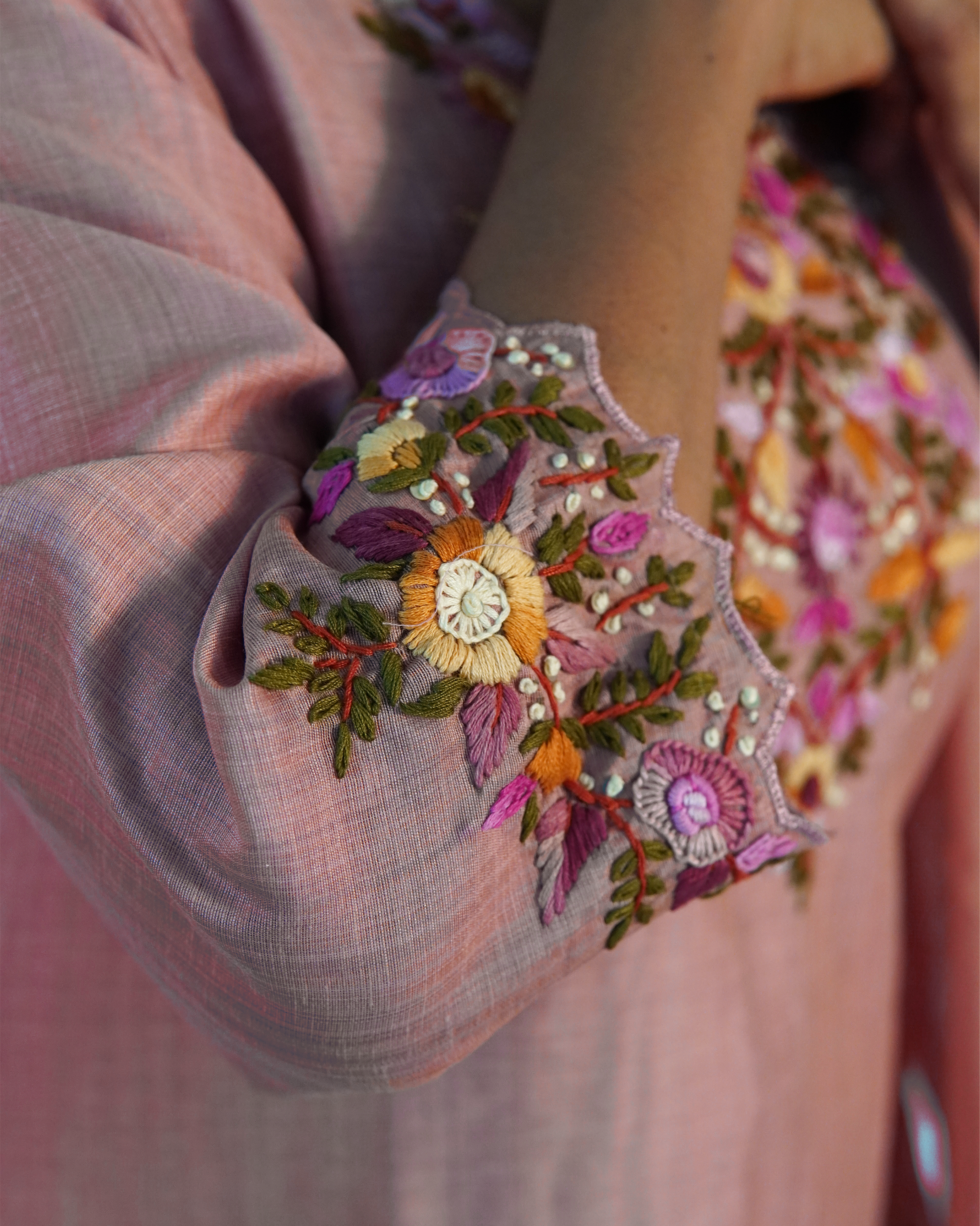 Raw Silk Hand Embroidered Kurti Set [Peach Blush]
