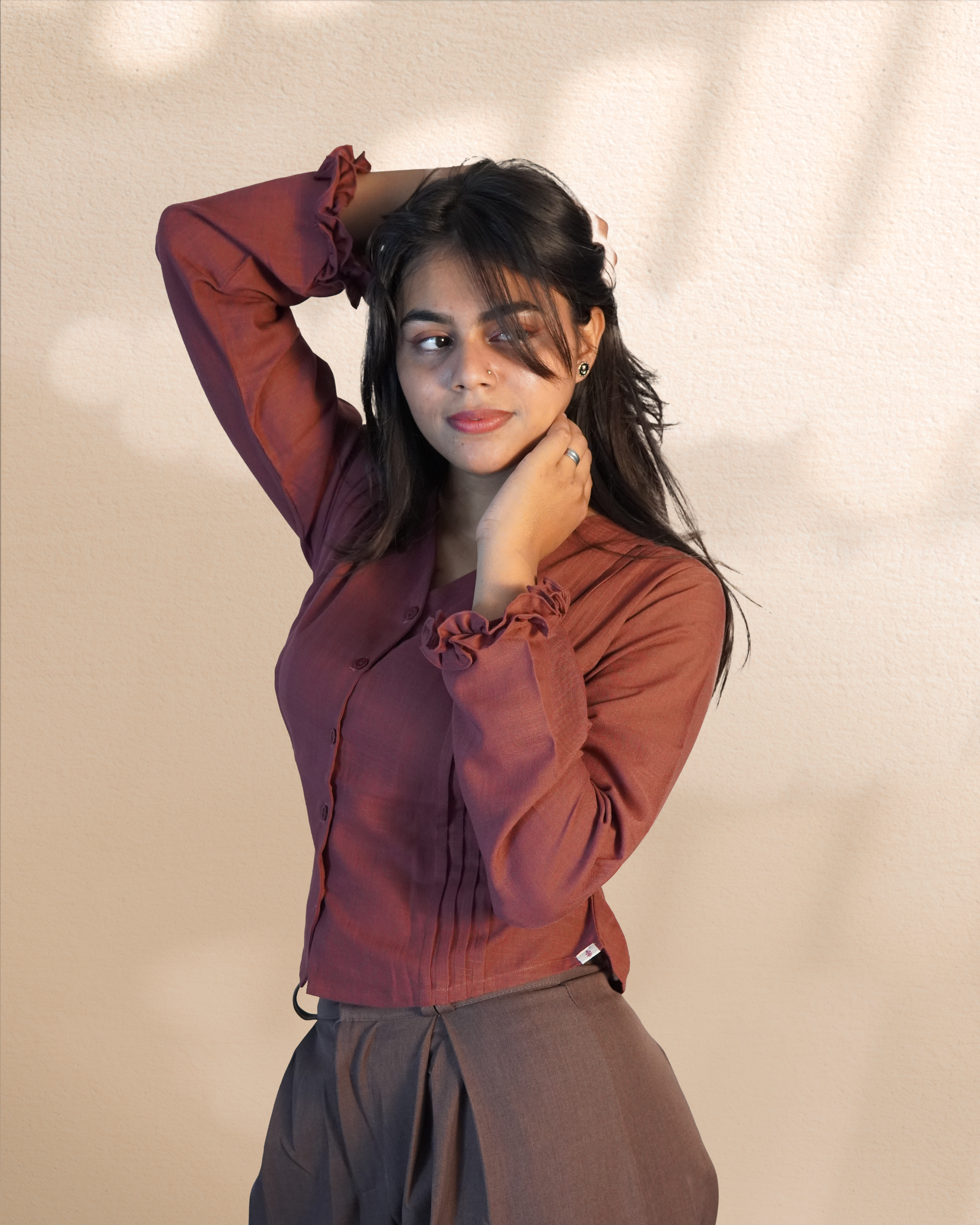 Pure Linen Crop Shirt [Madder Red]
