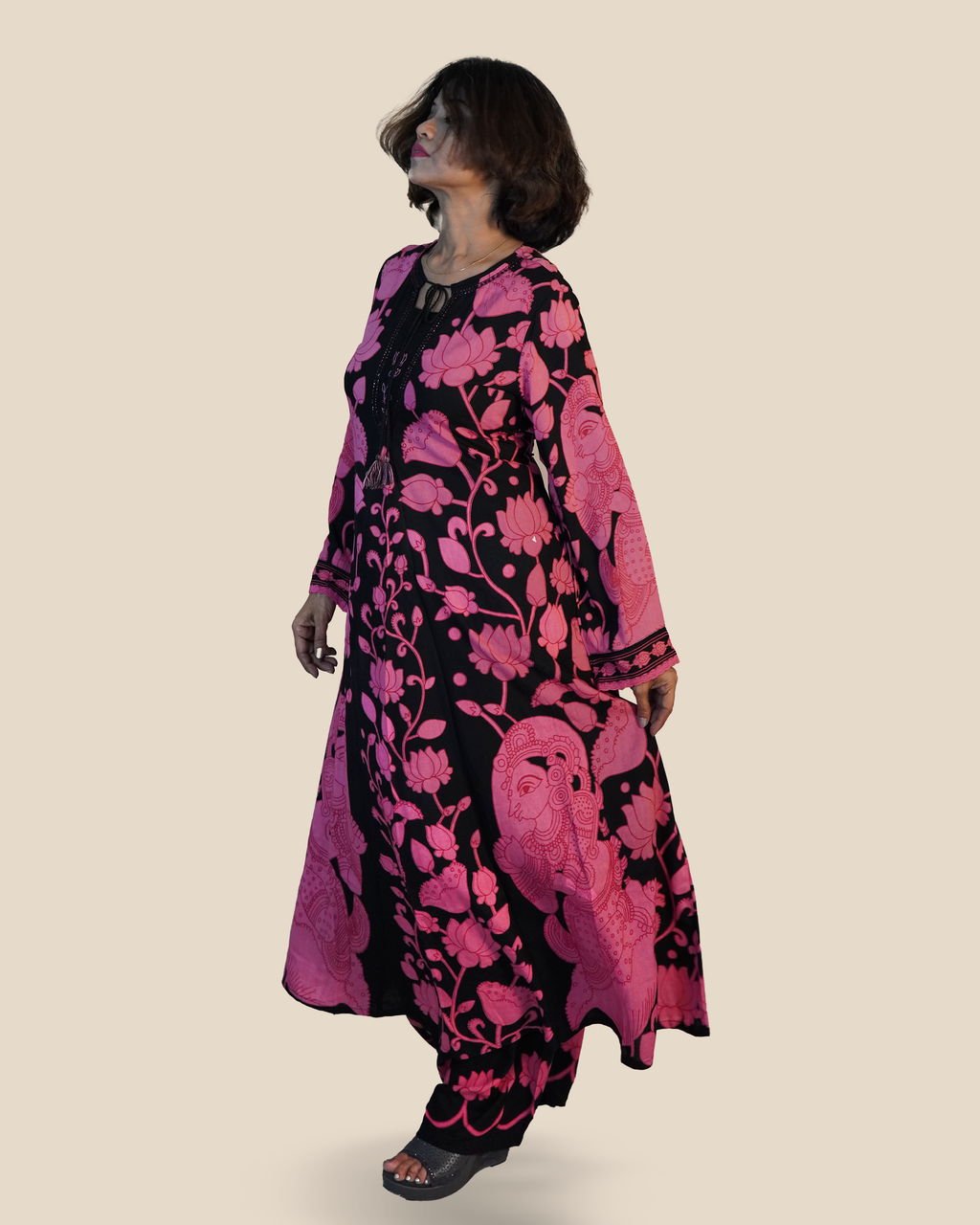 Pure cotton 2 Piece Kurti Set [Black-Pink]