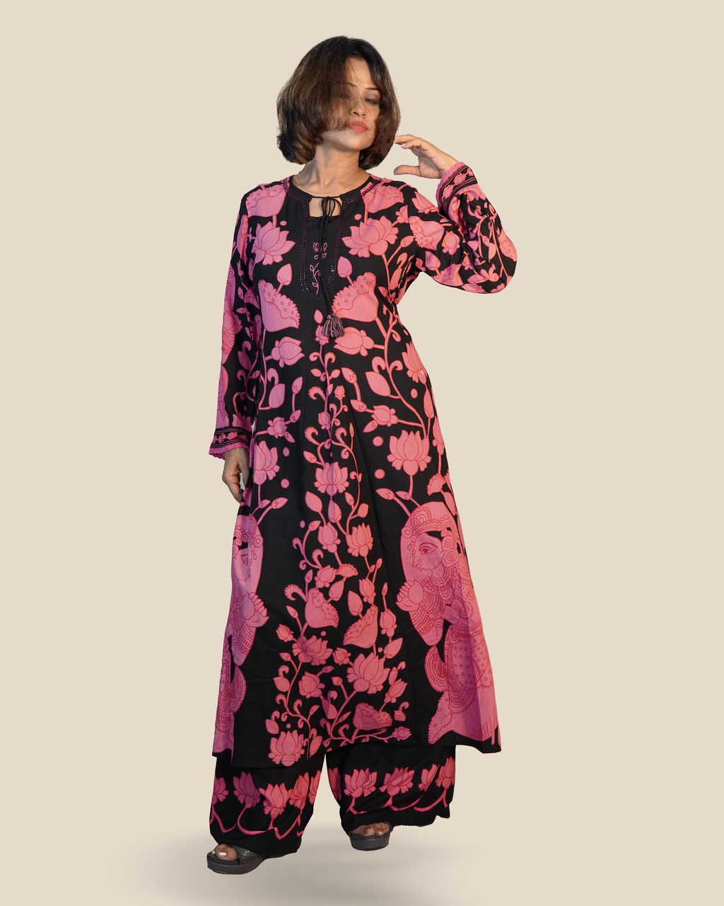 Pure cotton 2 Piece Kurti Set [Black-Pink]