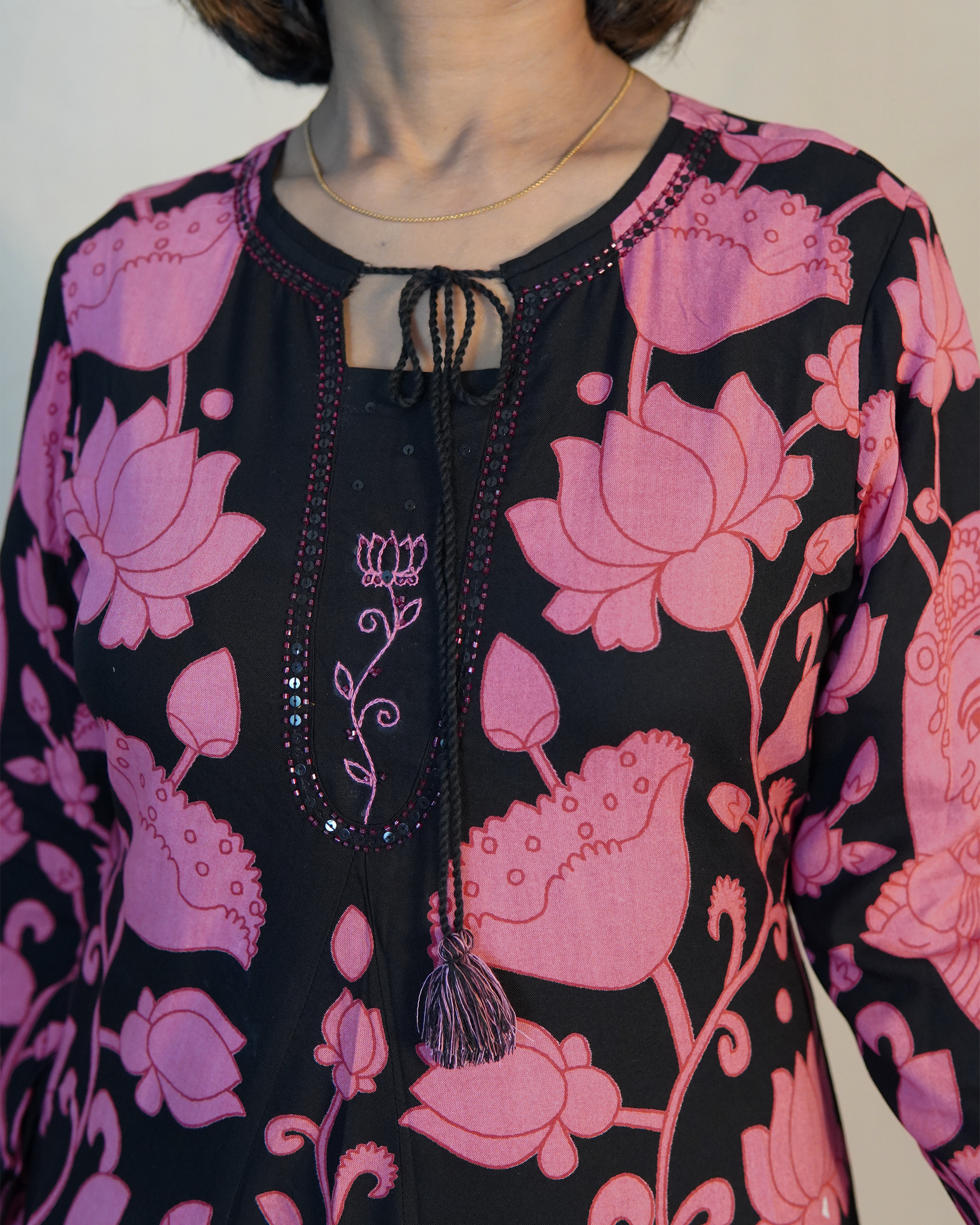 Pure cotton 2 Piece Kurti Set [Black-Pink]