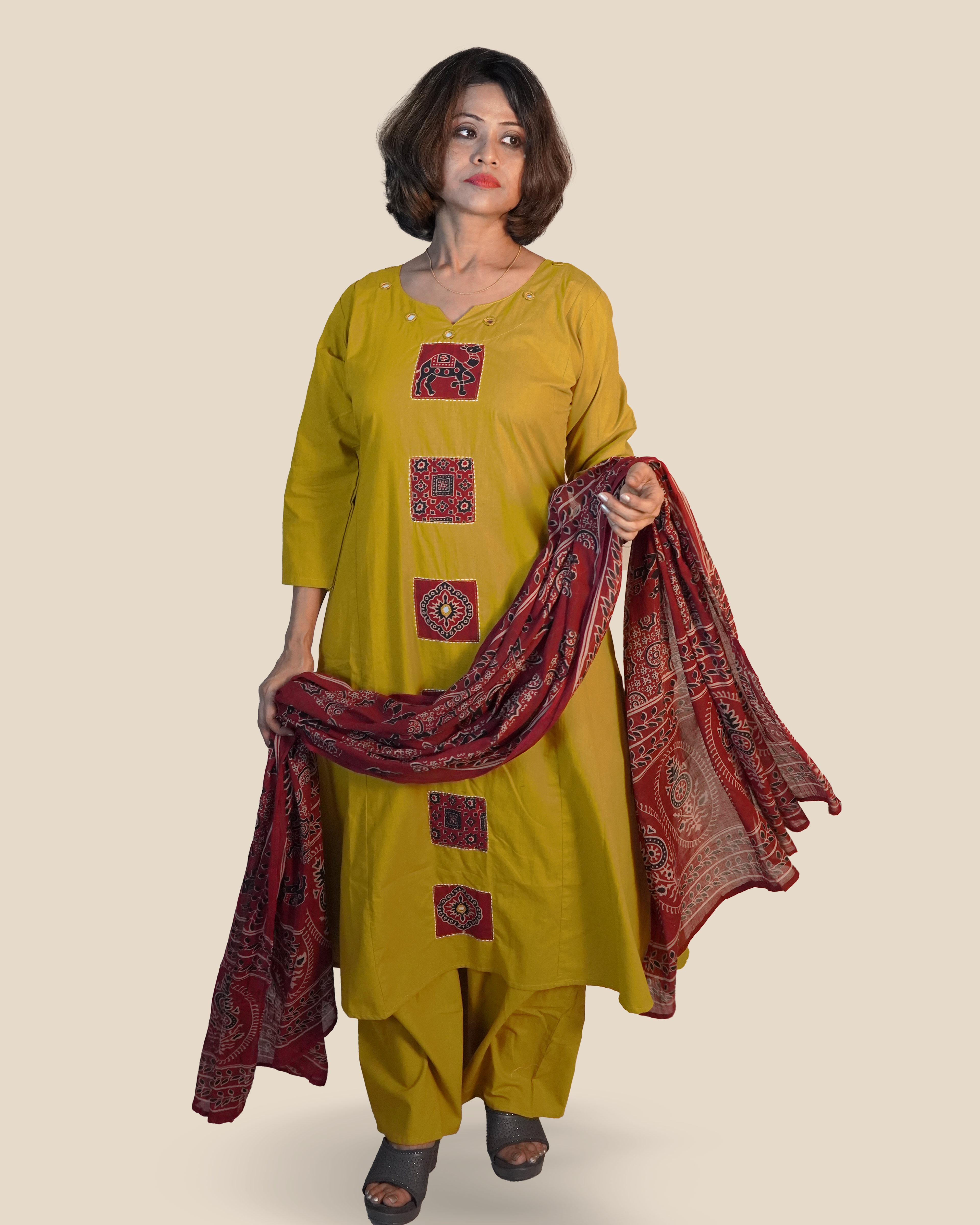 Pure cotton Ajrakh 3 Piece Kurti Set [Mustard]