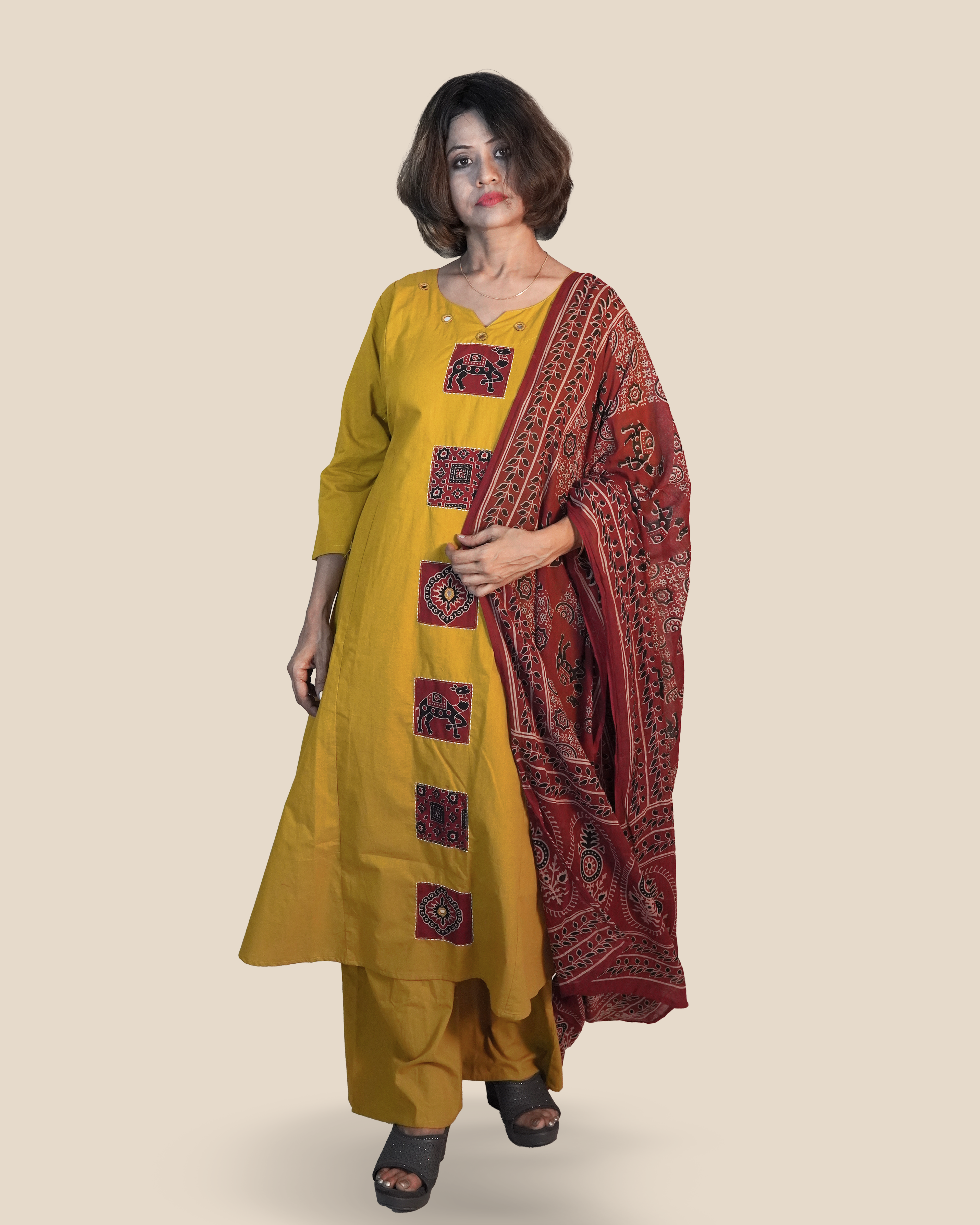 Pure cotton Ajrakh 3 Piece Kurti Set [Mustard]