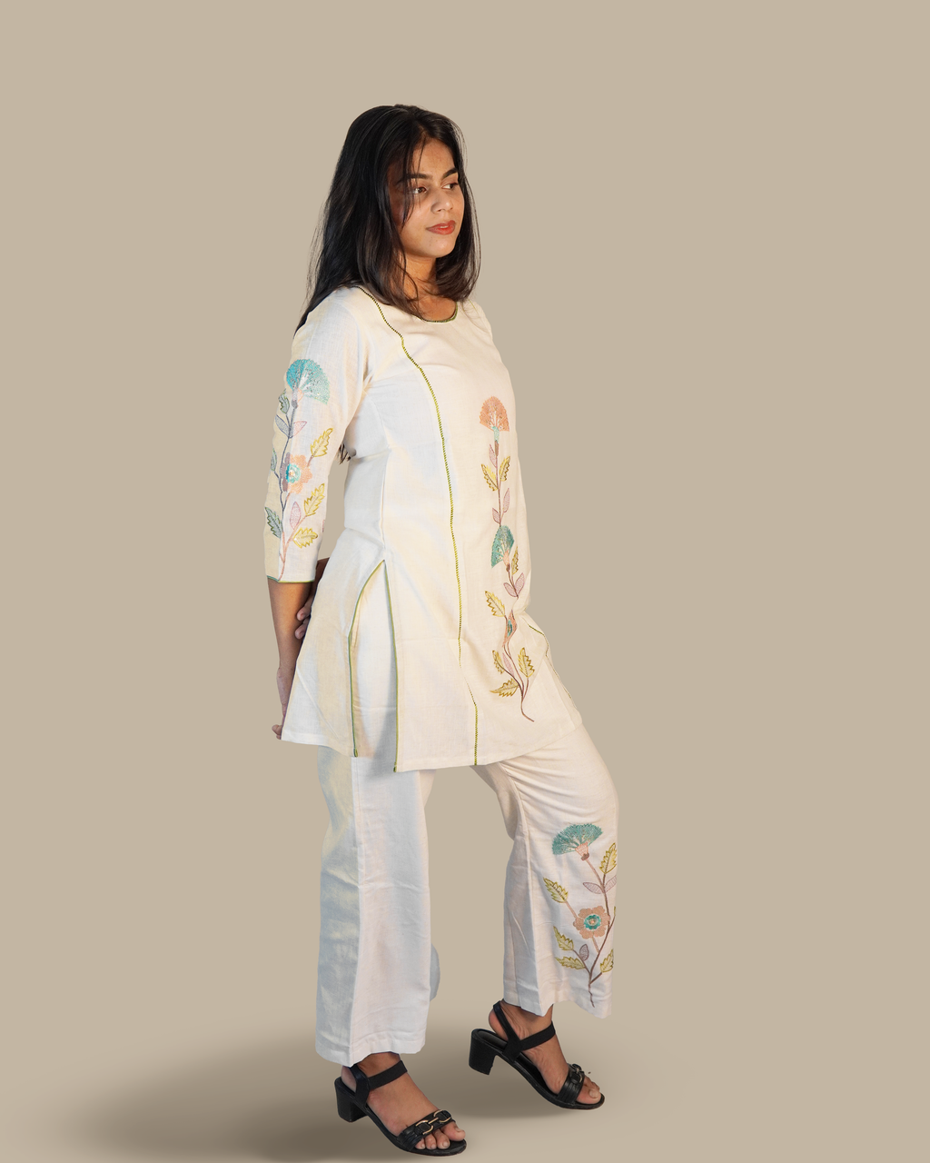 Embroidered Cotton Co-Ord set [White]