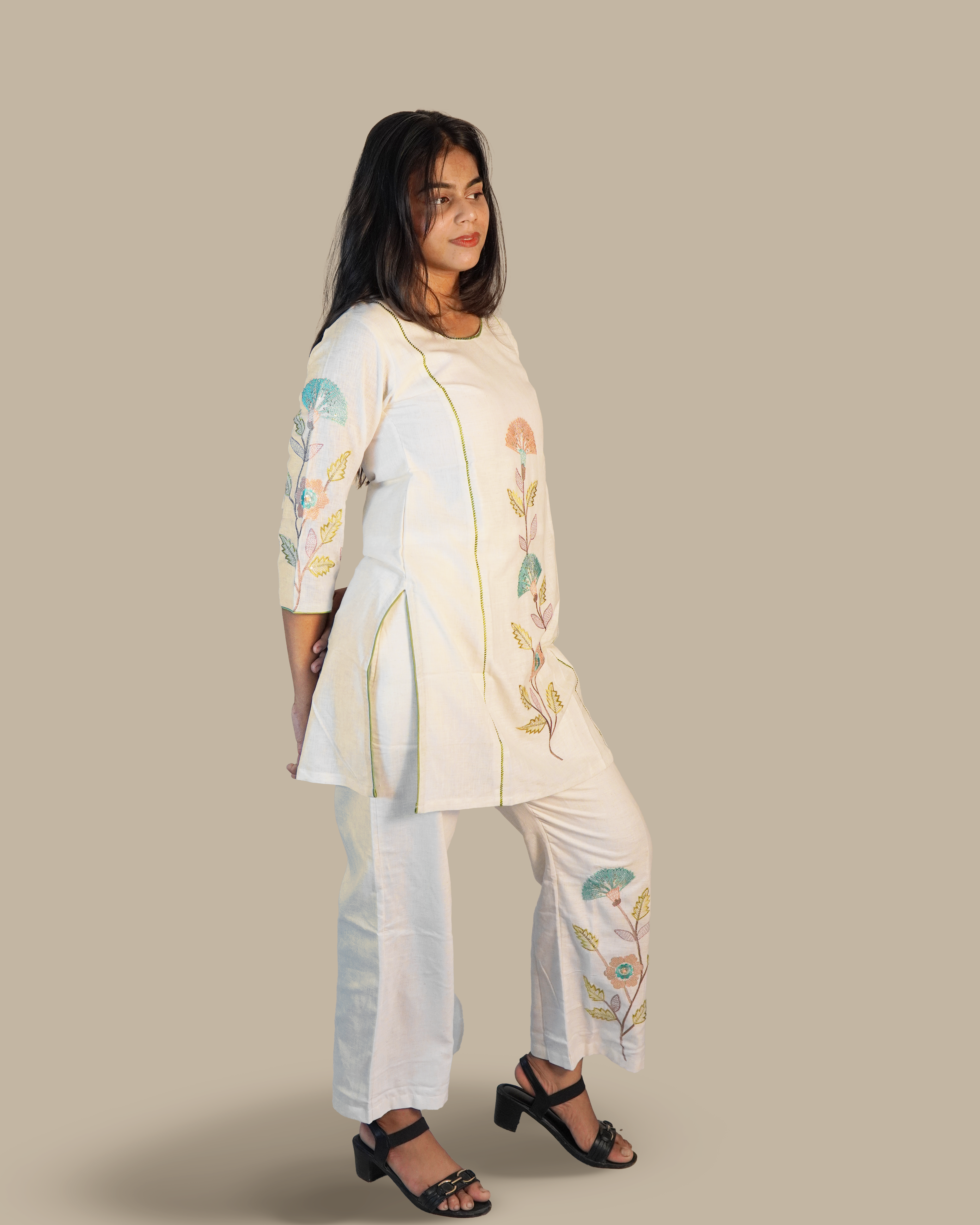 Embroidered Cotton Co-Ord set [White]