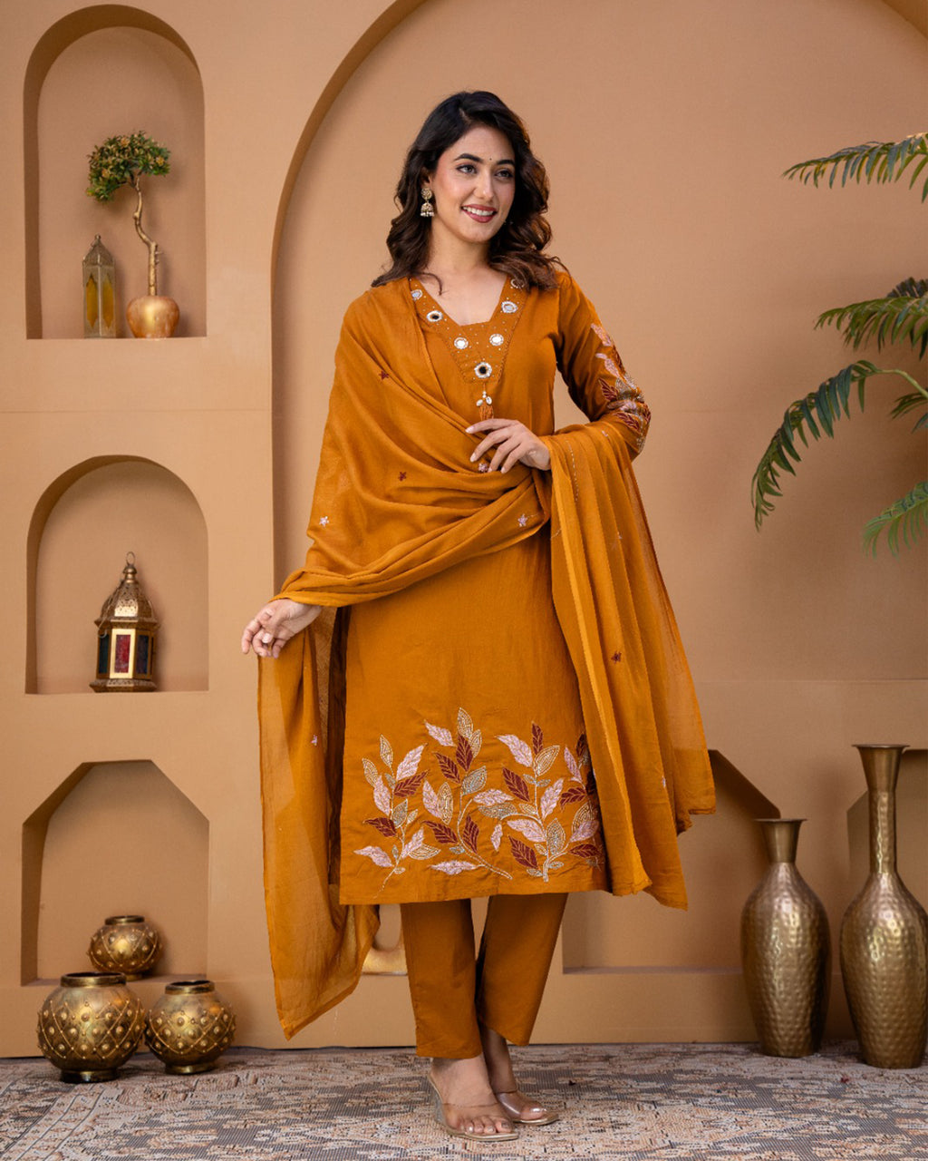 Pure cotton Embroidered Kurti Set [Orange]