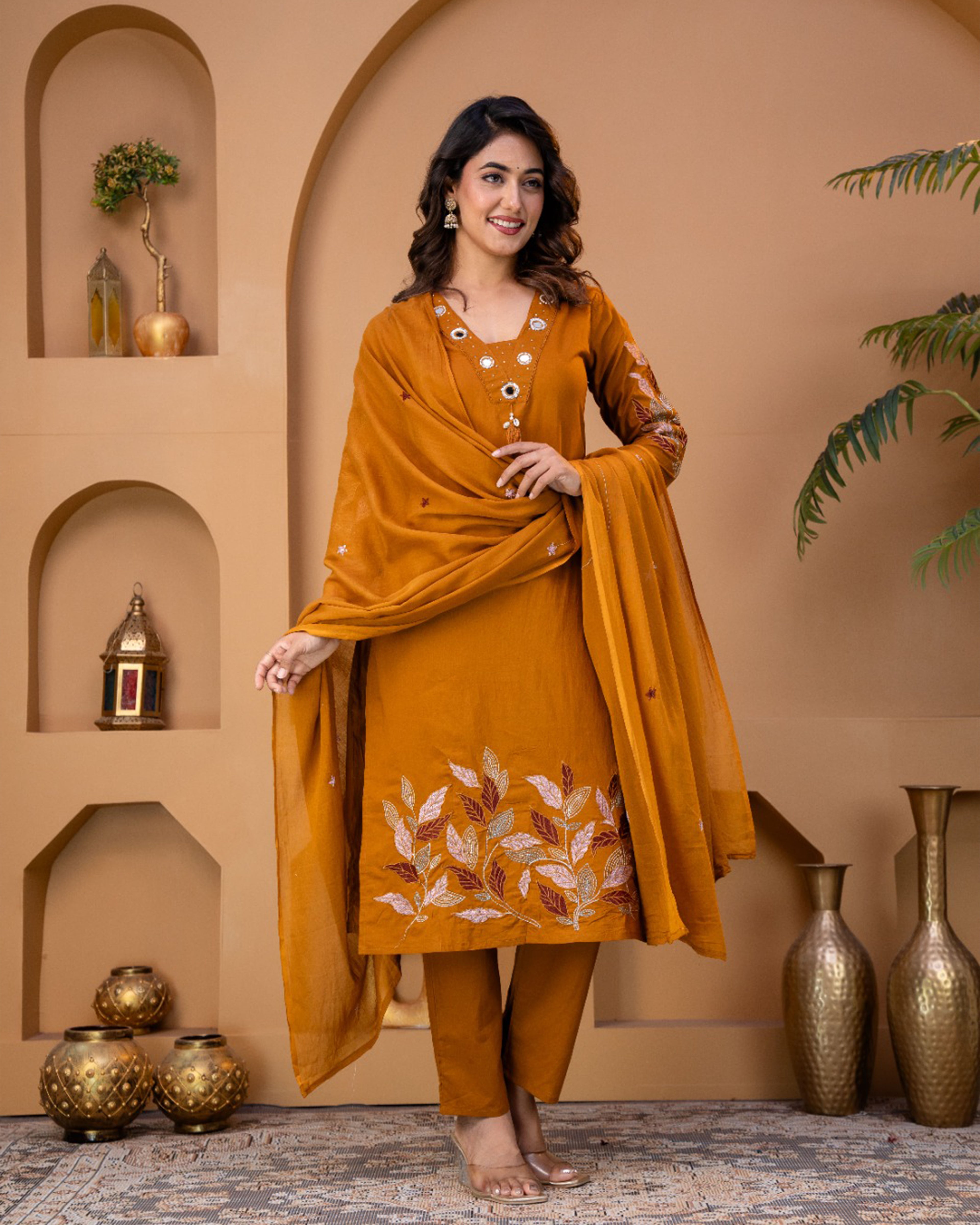 Pure cotton Embroidered Kurti Set [Orange]
