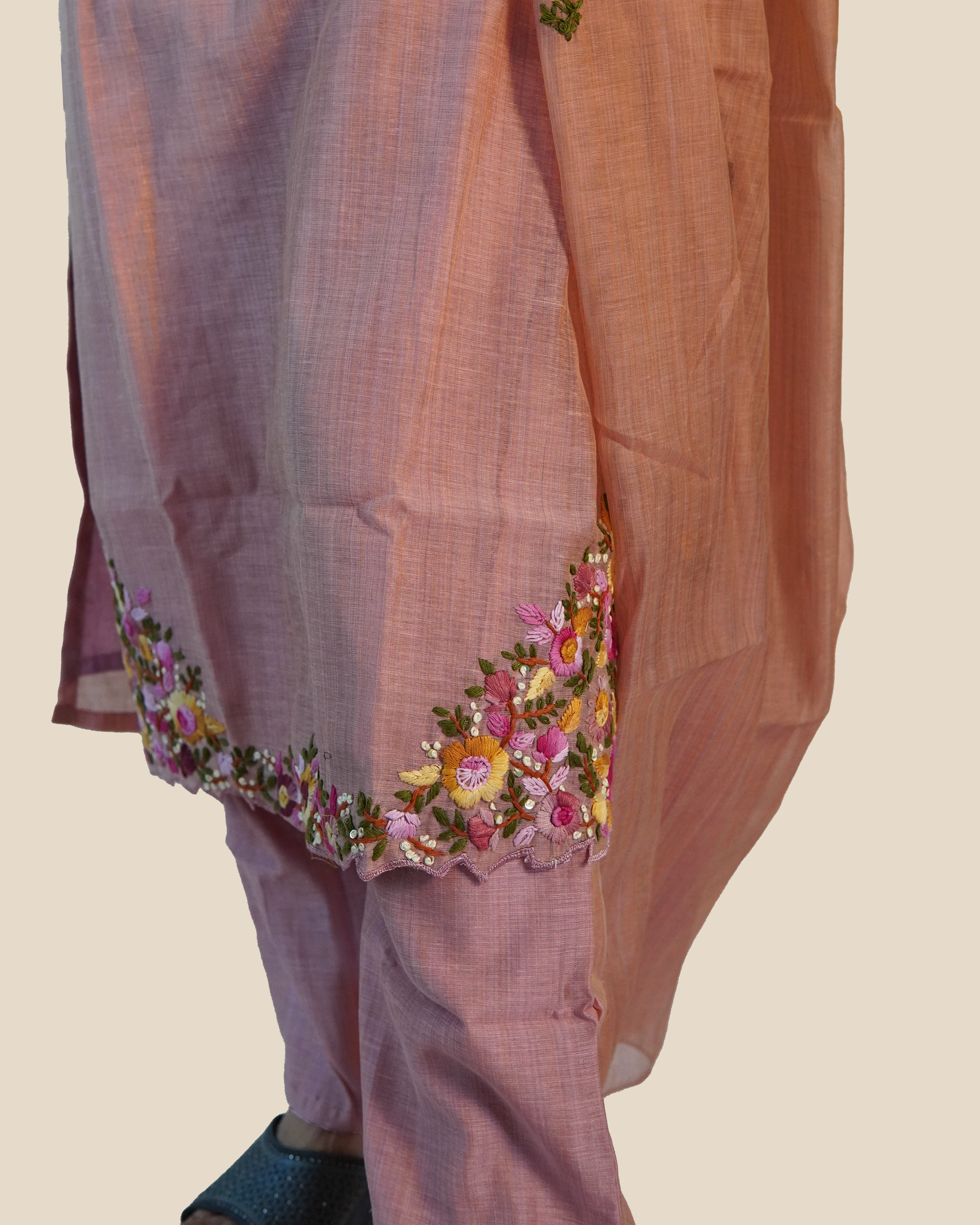 Raw Silk Hand Embroidered Kurti Set [Peach Blush]