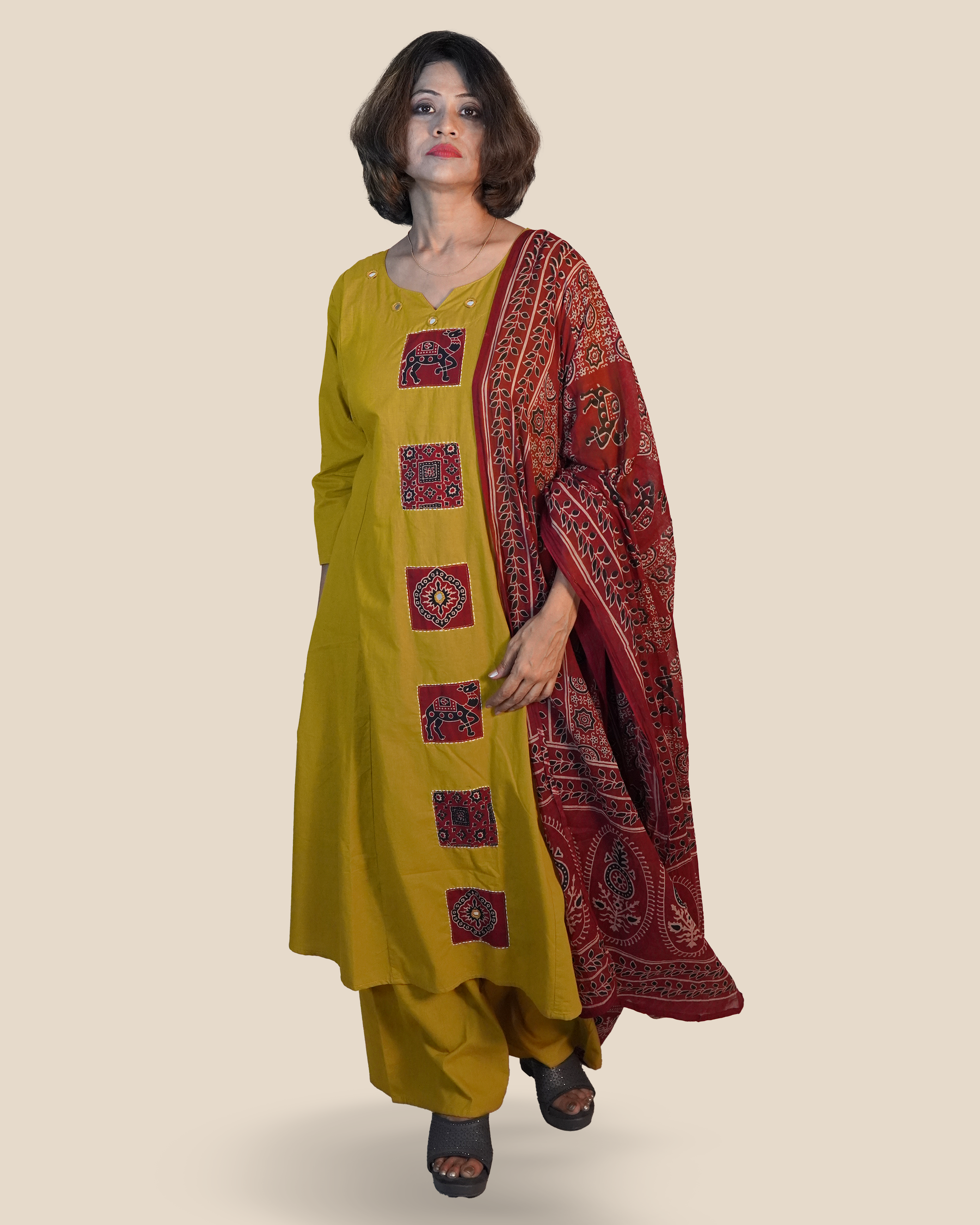 Pure cotton Ajrakh 3 Piece Kurti Set [Mustard]