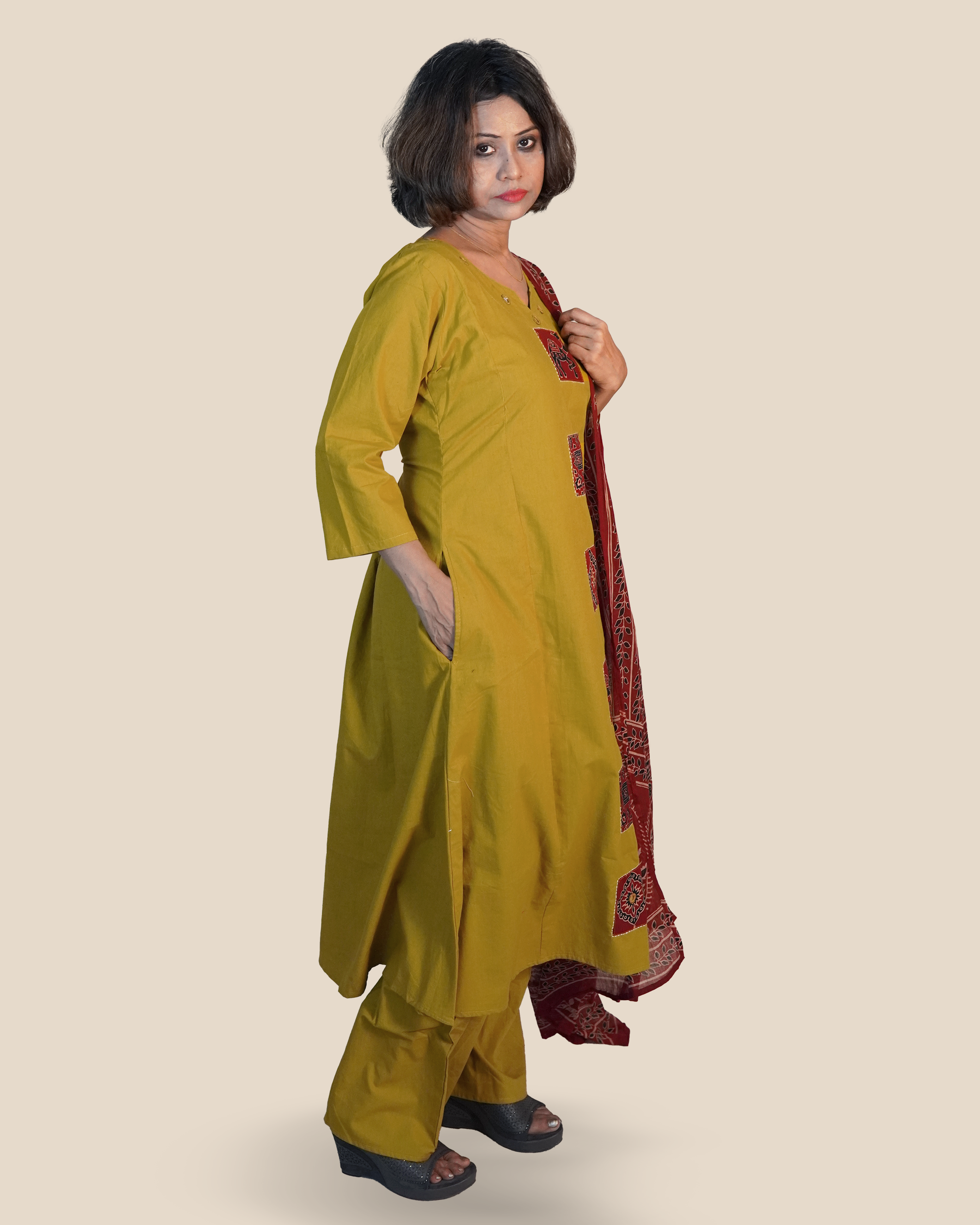 Pure cotton Ajrakh 3 Piece Kurti Set [Mustard]
