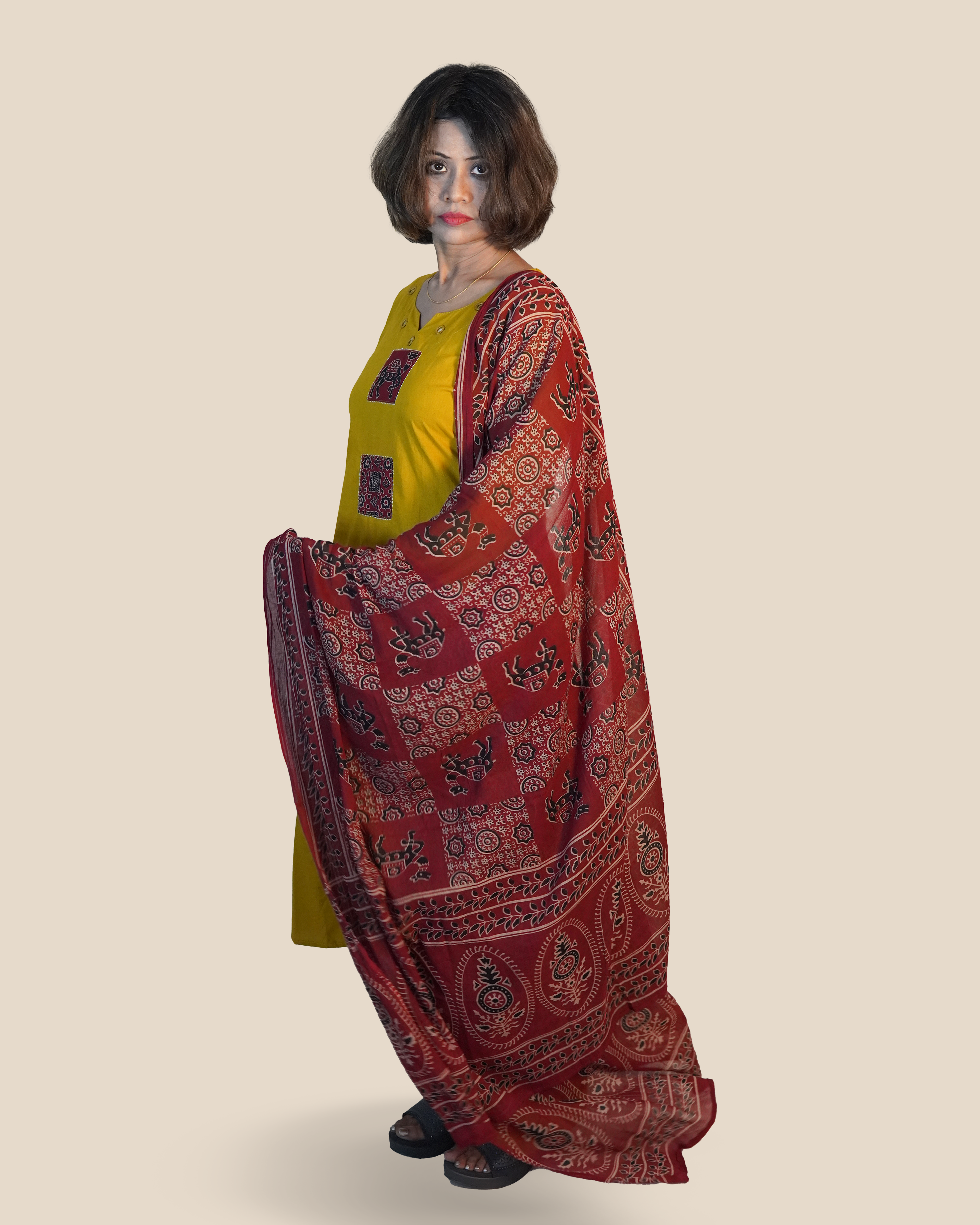 Pure cotton Ajrakh 3 Piece Kurti Set [Mustard]