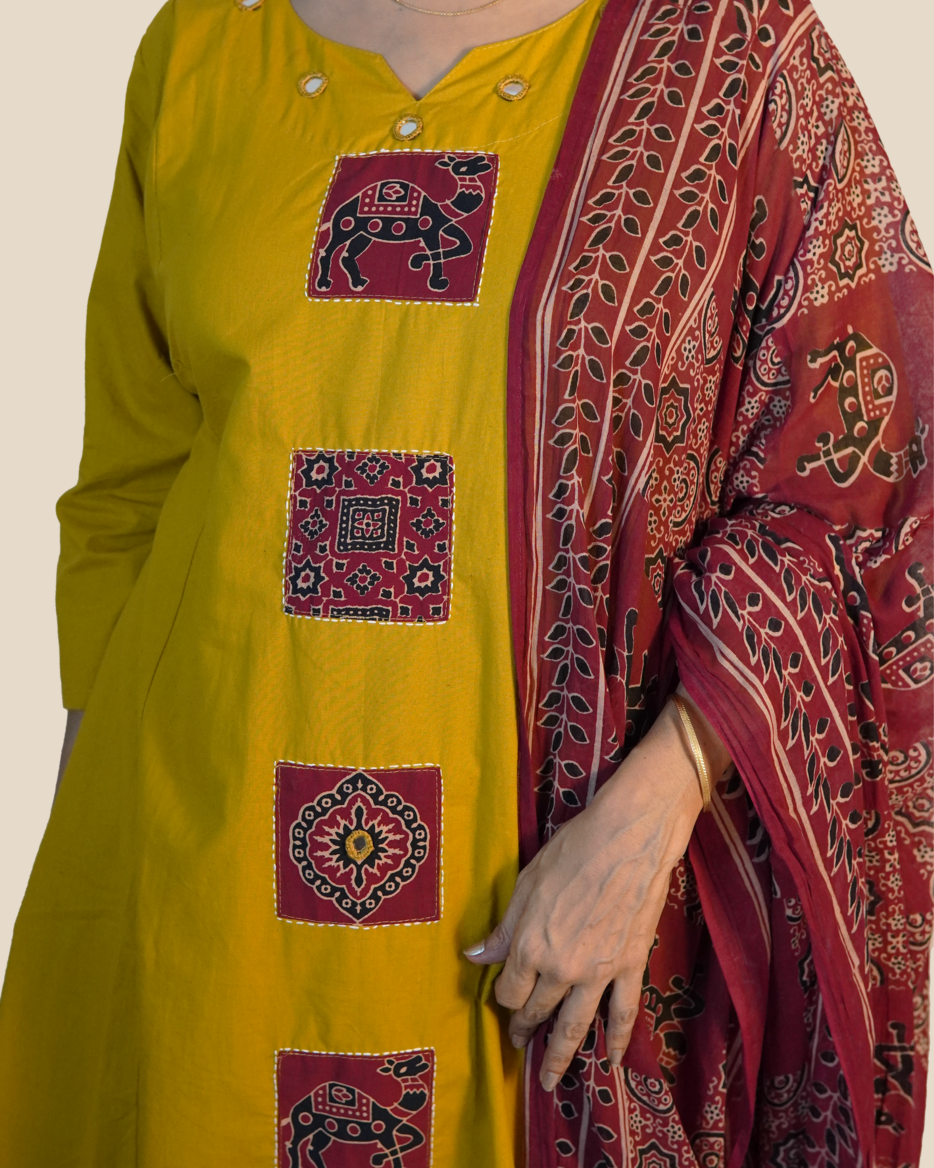 Pure cotton Ajrakh 3 Piece Kurti Set [Mustard]