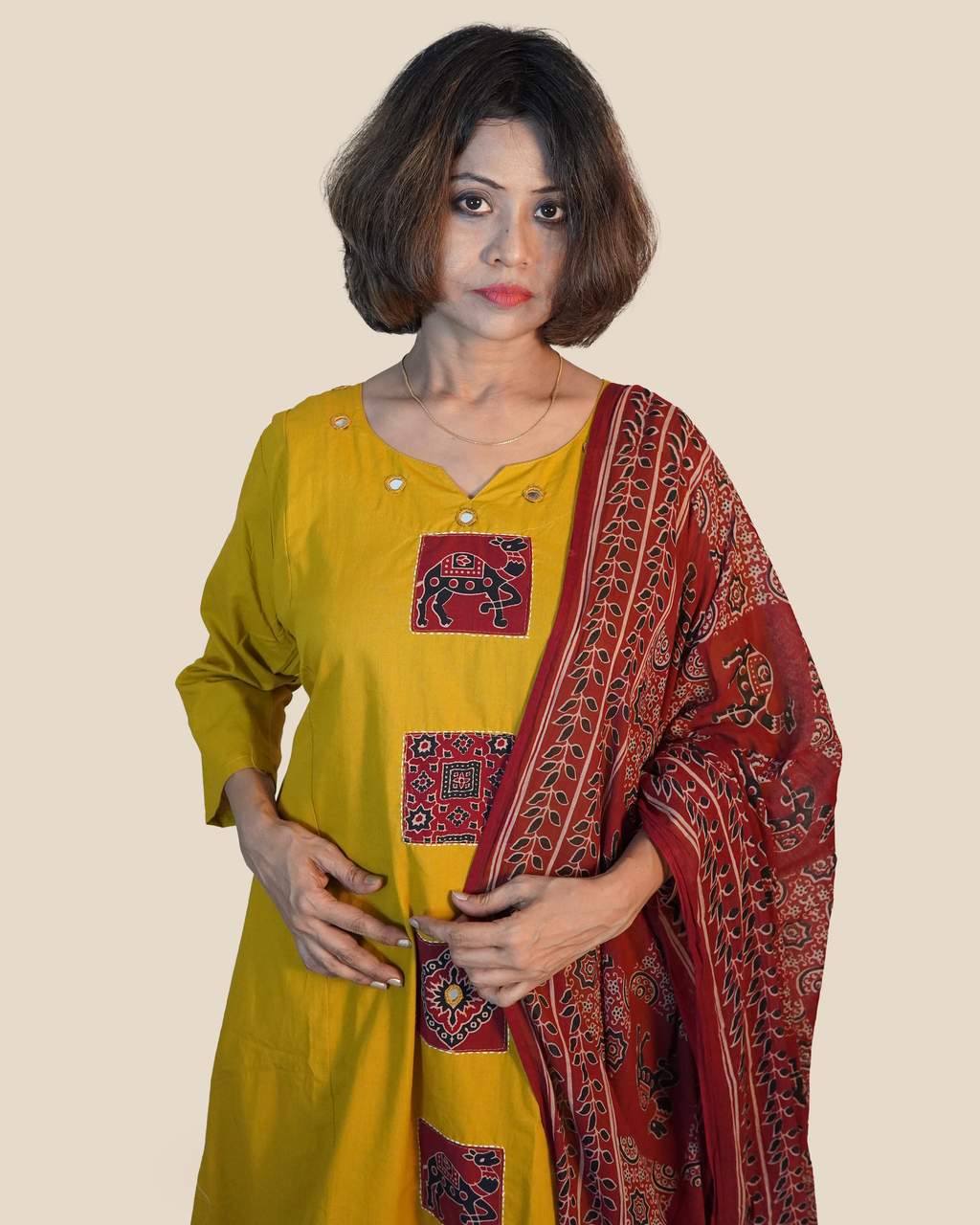 Pure cotton Ajrakh 3 Piece Kurti Set [Mustard]