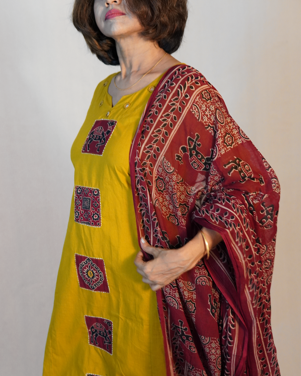 Pure cotton Ajrakh 3 Piece Kurti Set [Mustard]