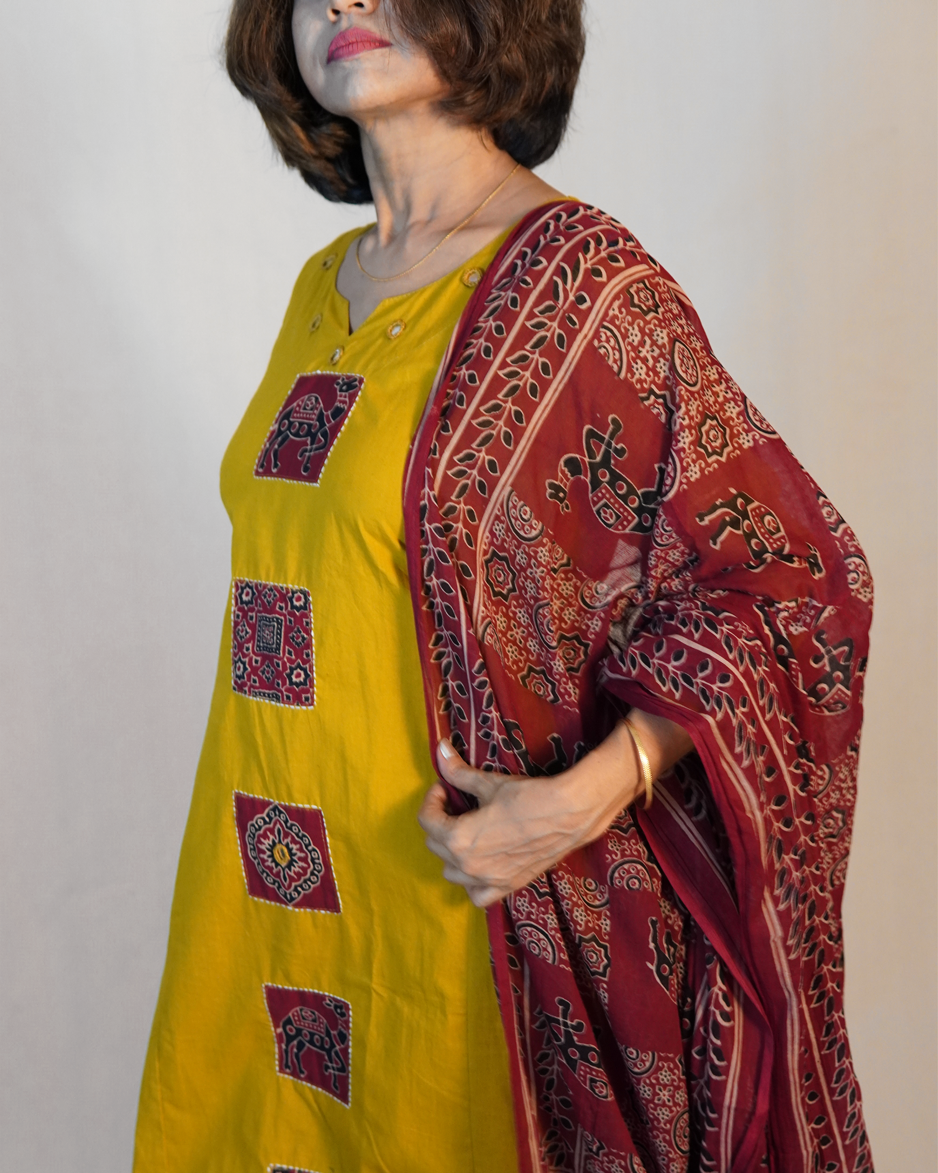 Pure cotton Ajrakh 3 Piece Kurti Set [Mustard]