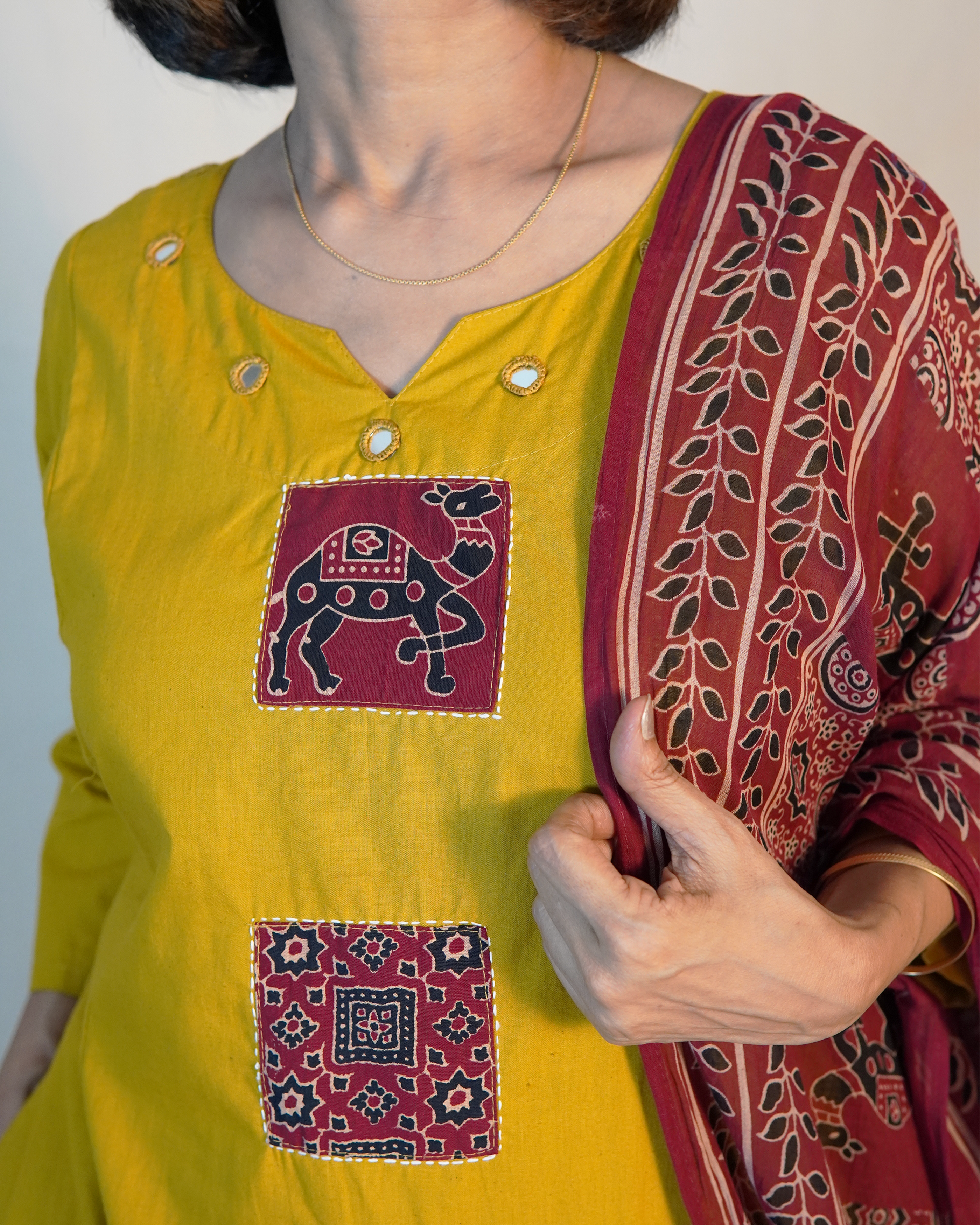 Pure cotton Ajrakh 3 Piece Kurti Set [Mustard]