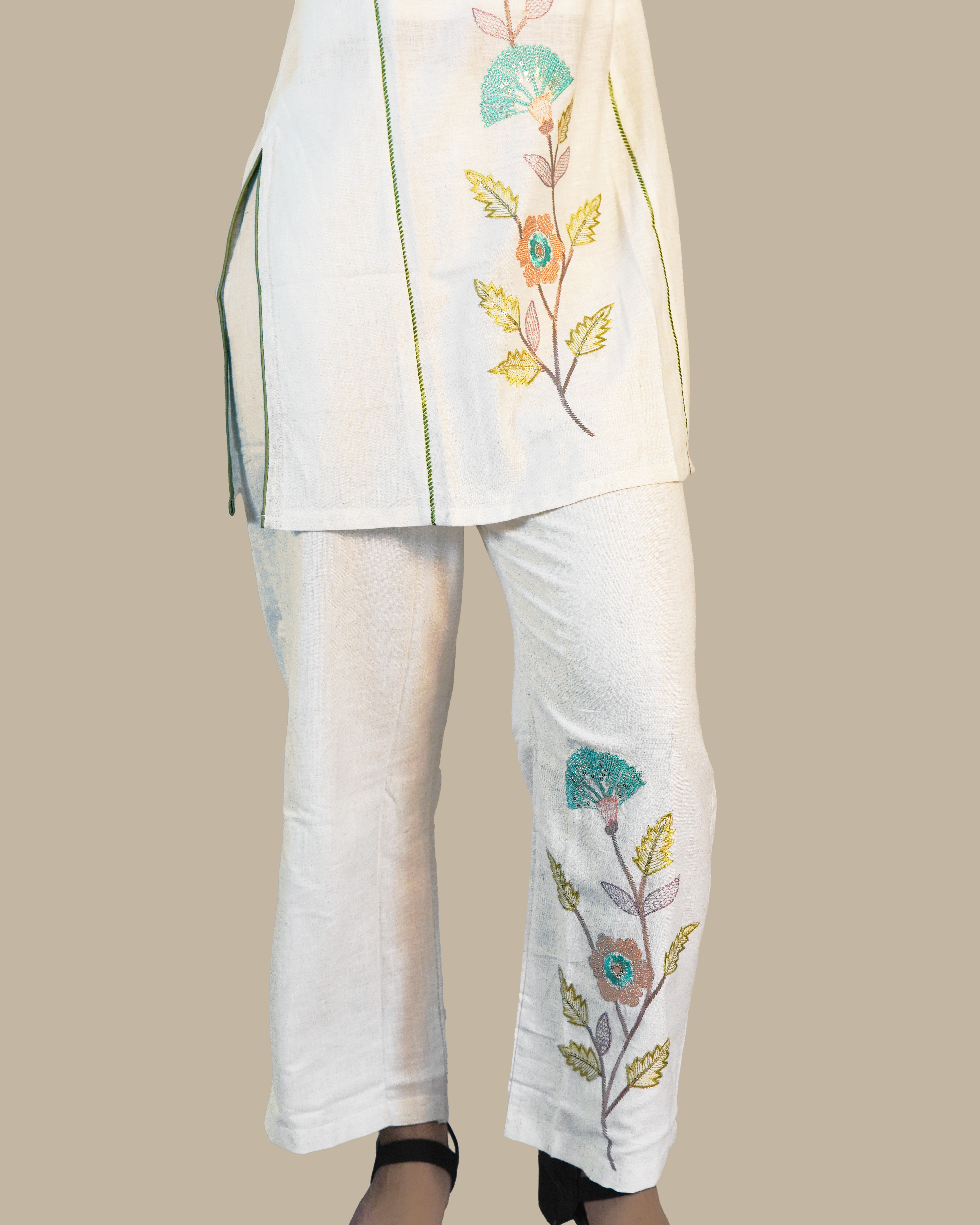 Embroidered Cotton Co-Ord set [White]