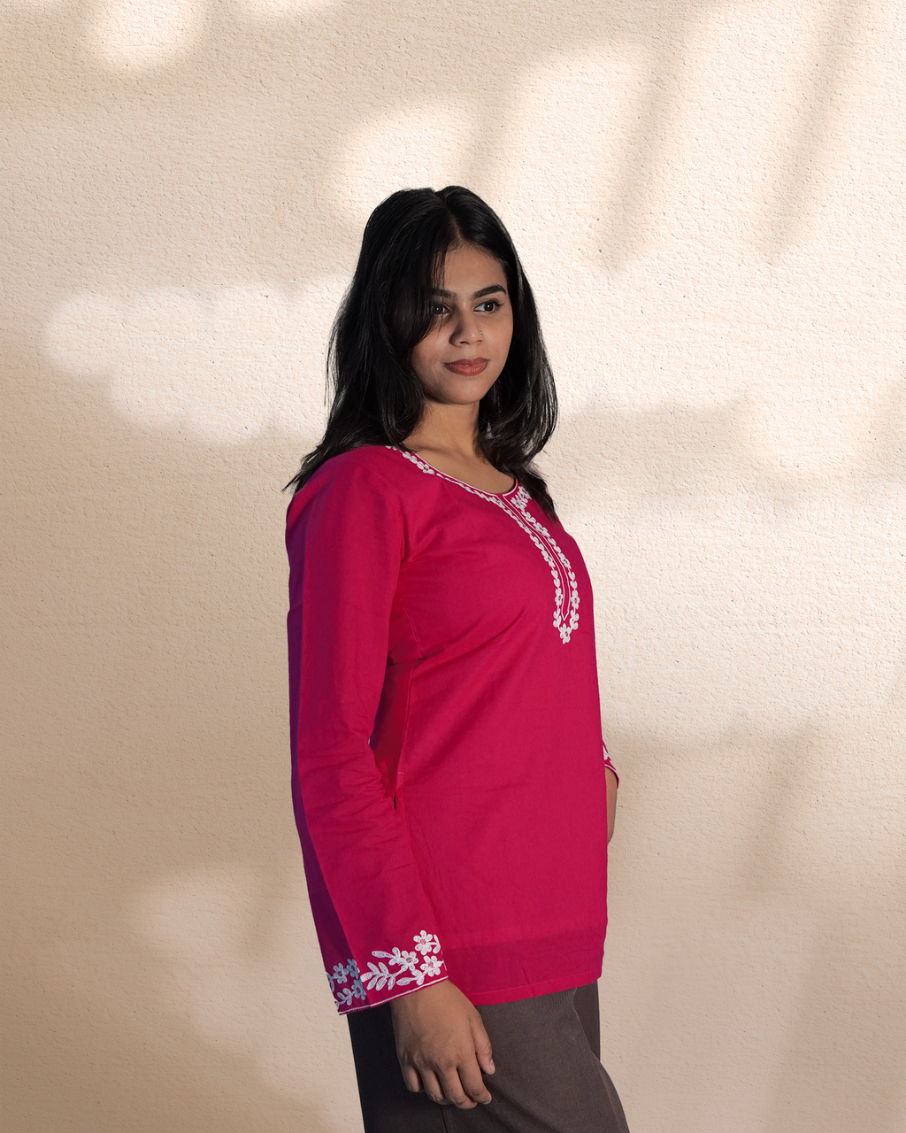 Cotton Floral Embroidered Ethnic Top [Night Rose]