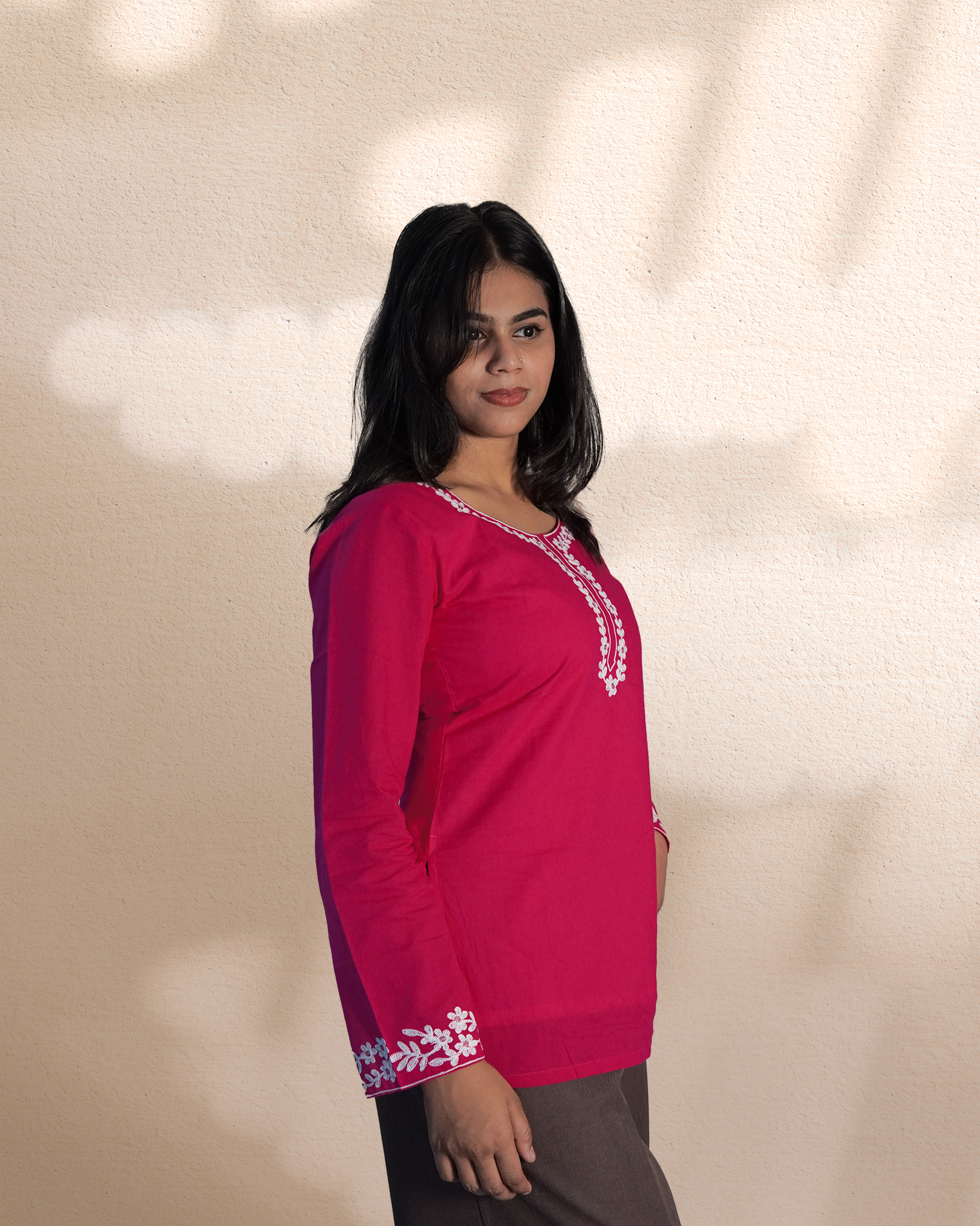 Cotton Floral Embroidered Ethnic Top [Night Rose]